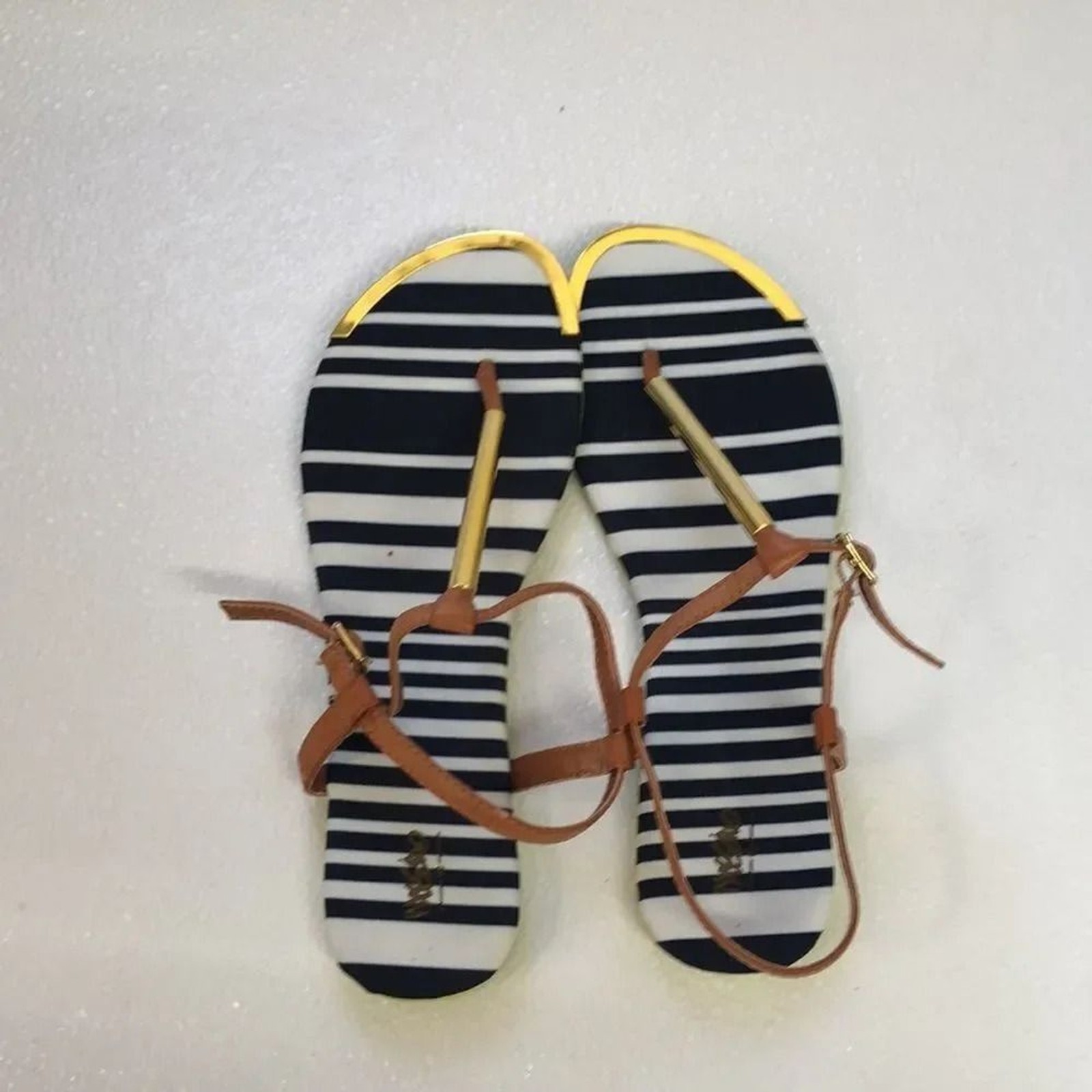 Striped Thong‎ Sandals with Ankle Strap and Gold Trim