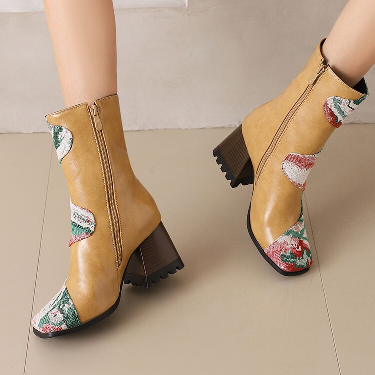 Occident Women’s Zip Square Toe Patchwork Ankle Boots Riding Dress Western Shoes