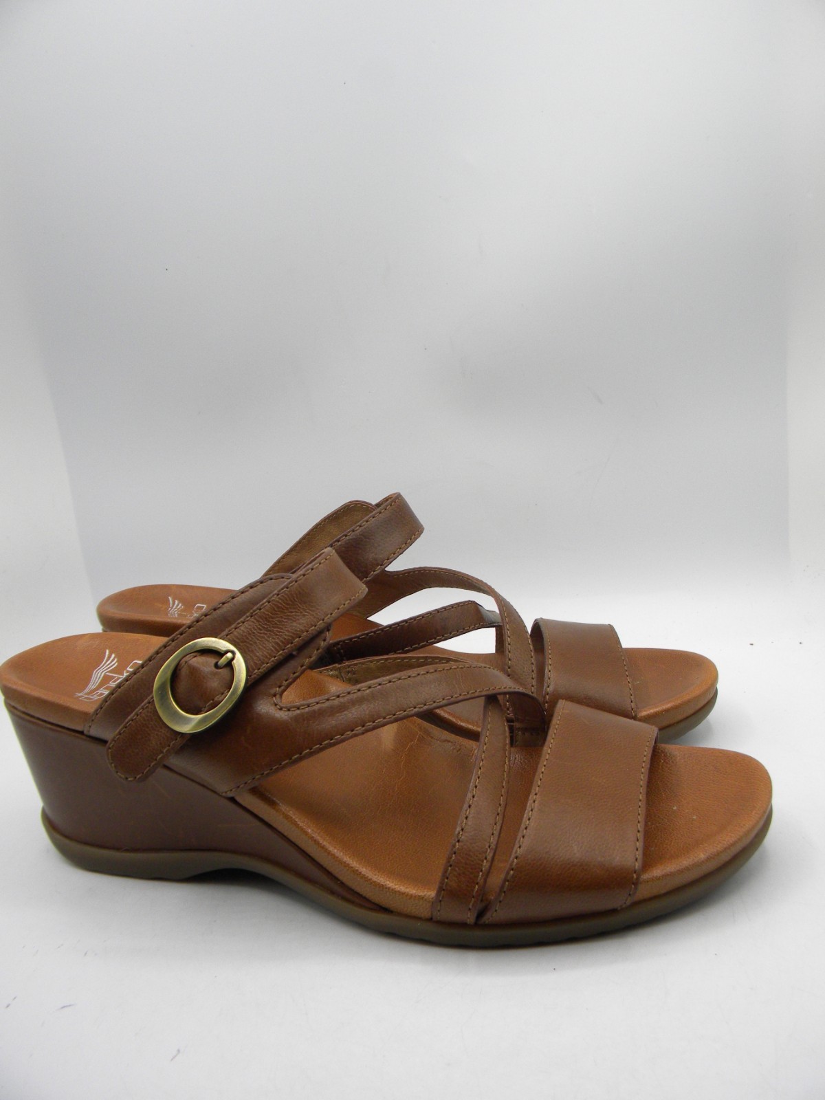 DANSKO Ana Brown Leather Wedge Heel Strappy Slide Sandals Size 40 Display