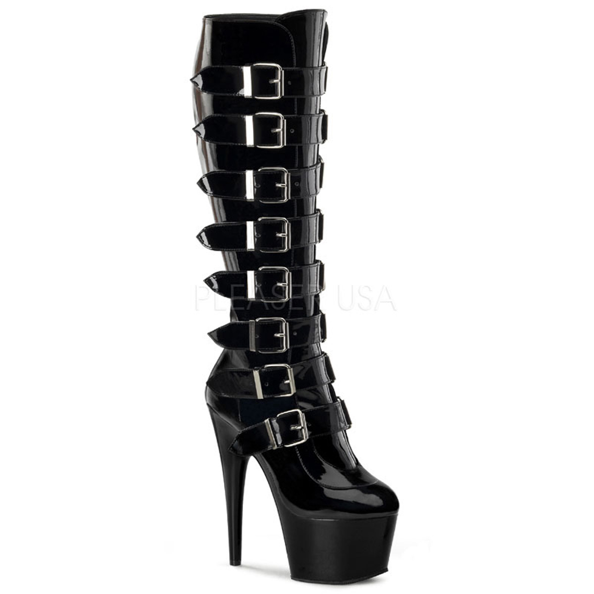 7″ Black Latex Lace Up Buckles Fetish Platform Stripper Knee Hi Boots Adore-2043