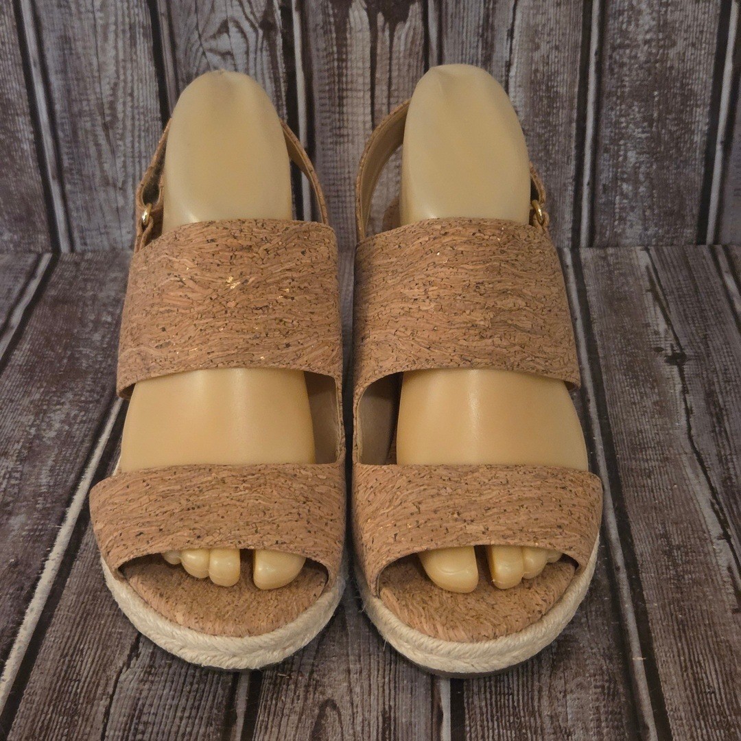 Sz 7.5 Wide Womens Vionic Brooke Cork Tan Gold Espadrille Wedge Sandals VGUC