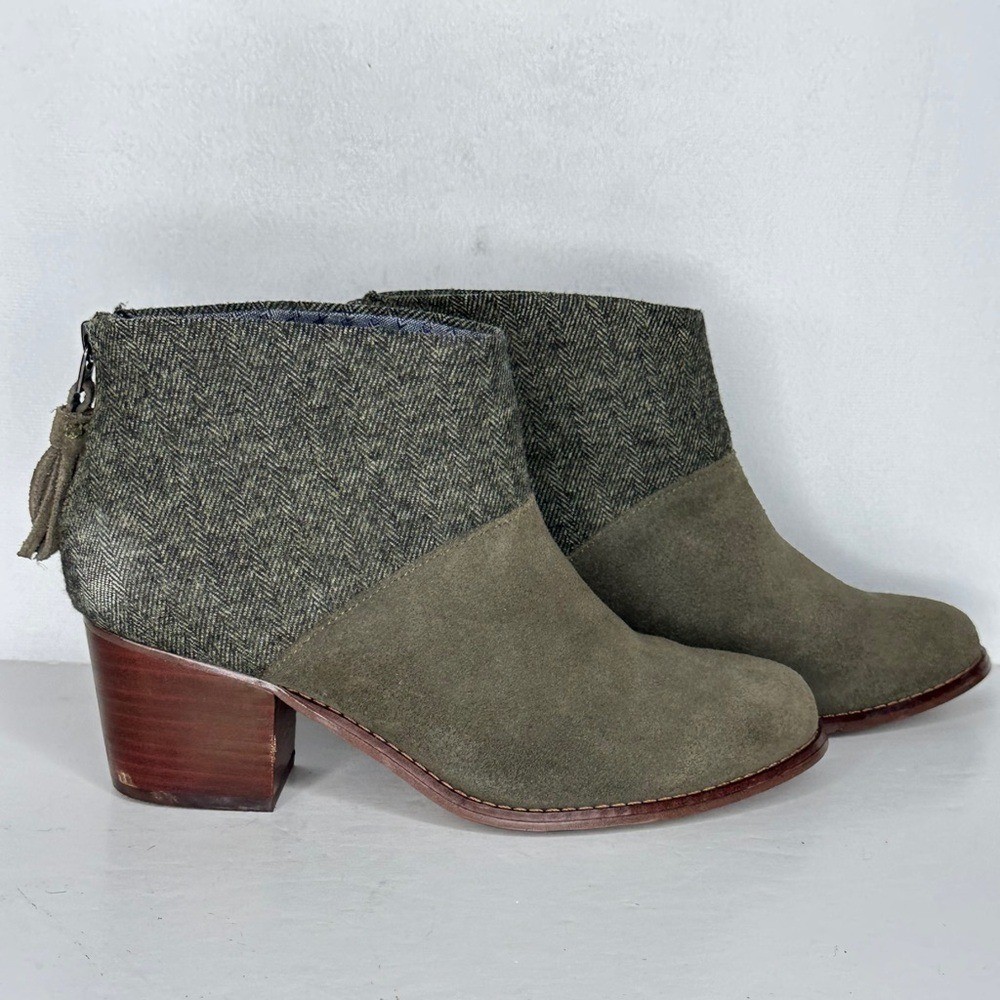 Toms Leila Ankle Boots Olive Green Herringbone Sz 6.5