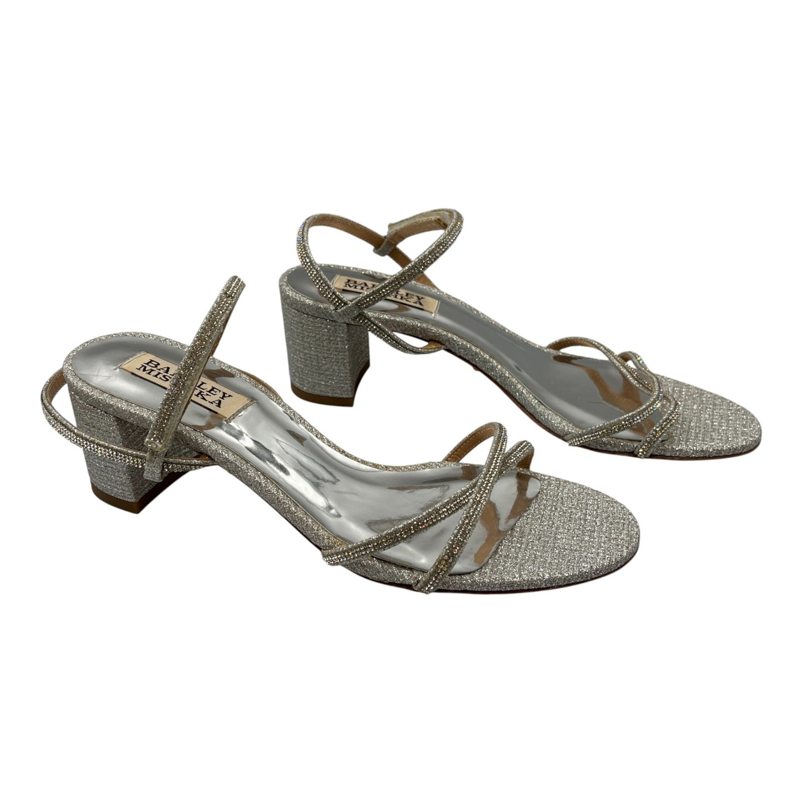 Badgley Mischka Ultima Rhinestone Embellished Block Heels Sandals Silver Size 6