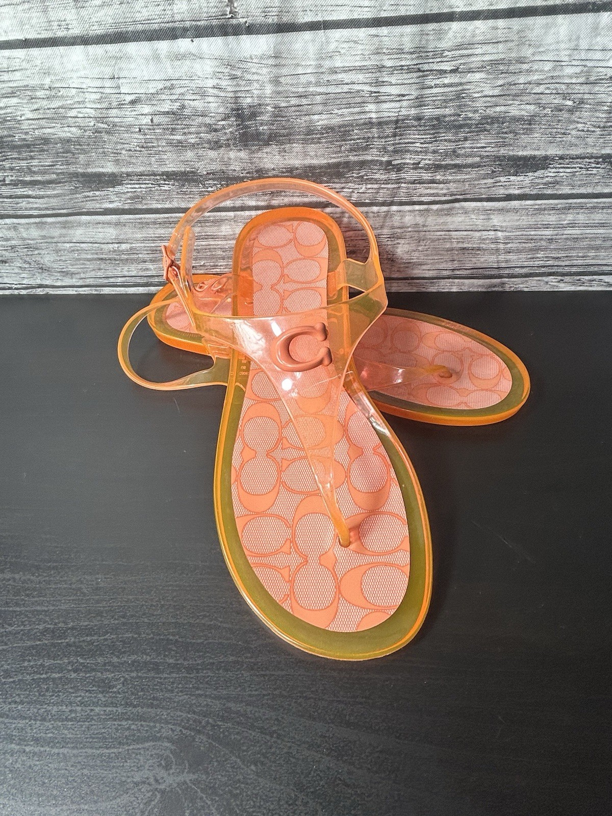 COACH Natalee Jelly Sandals Size 8B Orange Tangerine Logo Thong Sandals w Box