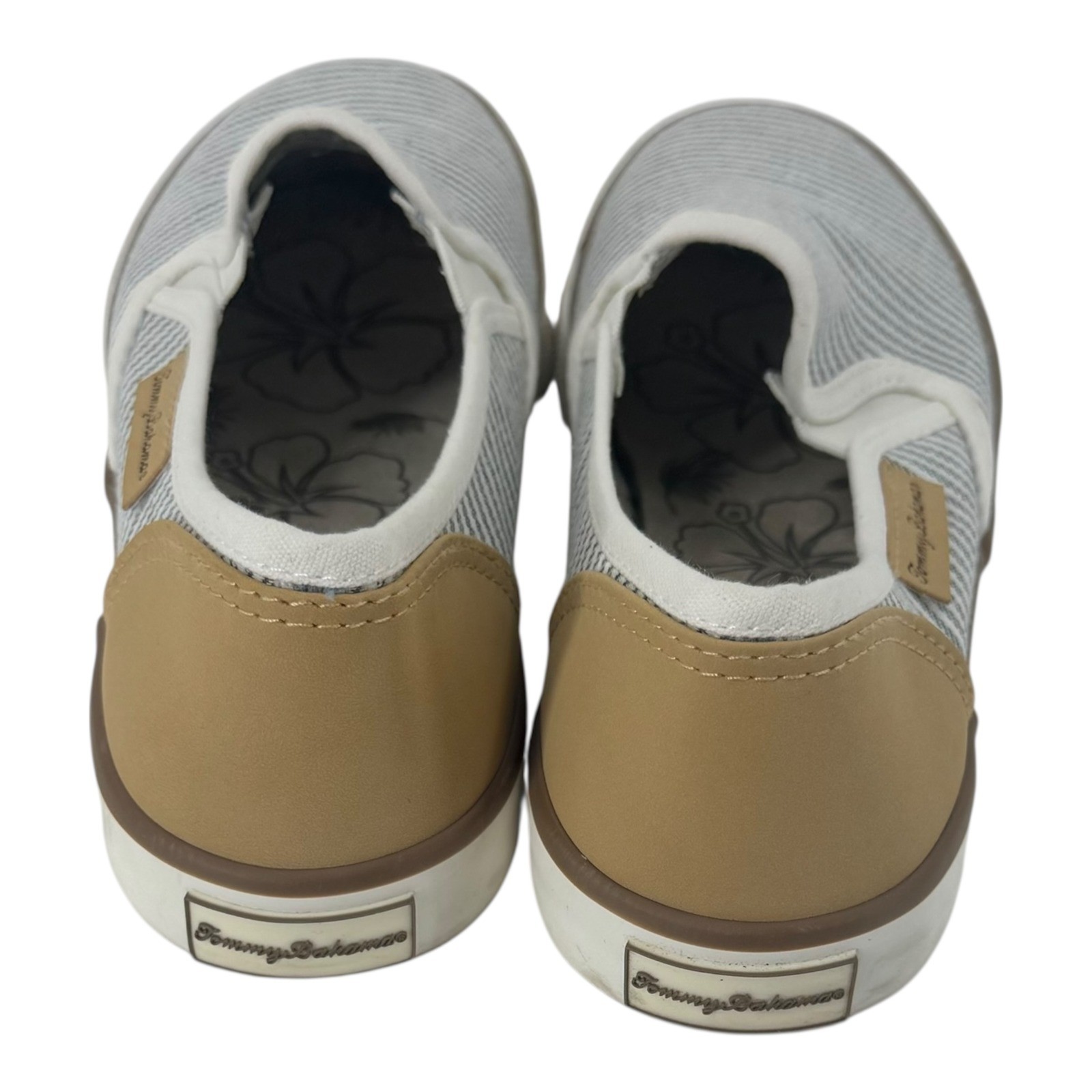 Tommy Bahama Womens Striped Canvas Slip On Sneakers Blue Wht Tan Loafers Sz 7.5