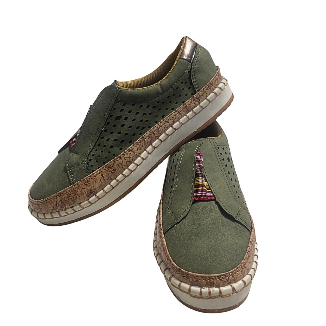 Muted Olive Green Textured Perforated Decorative Colorful Striped Band Sneakers