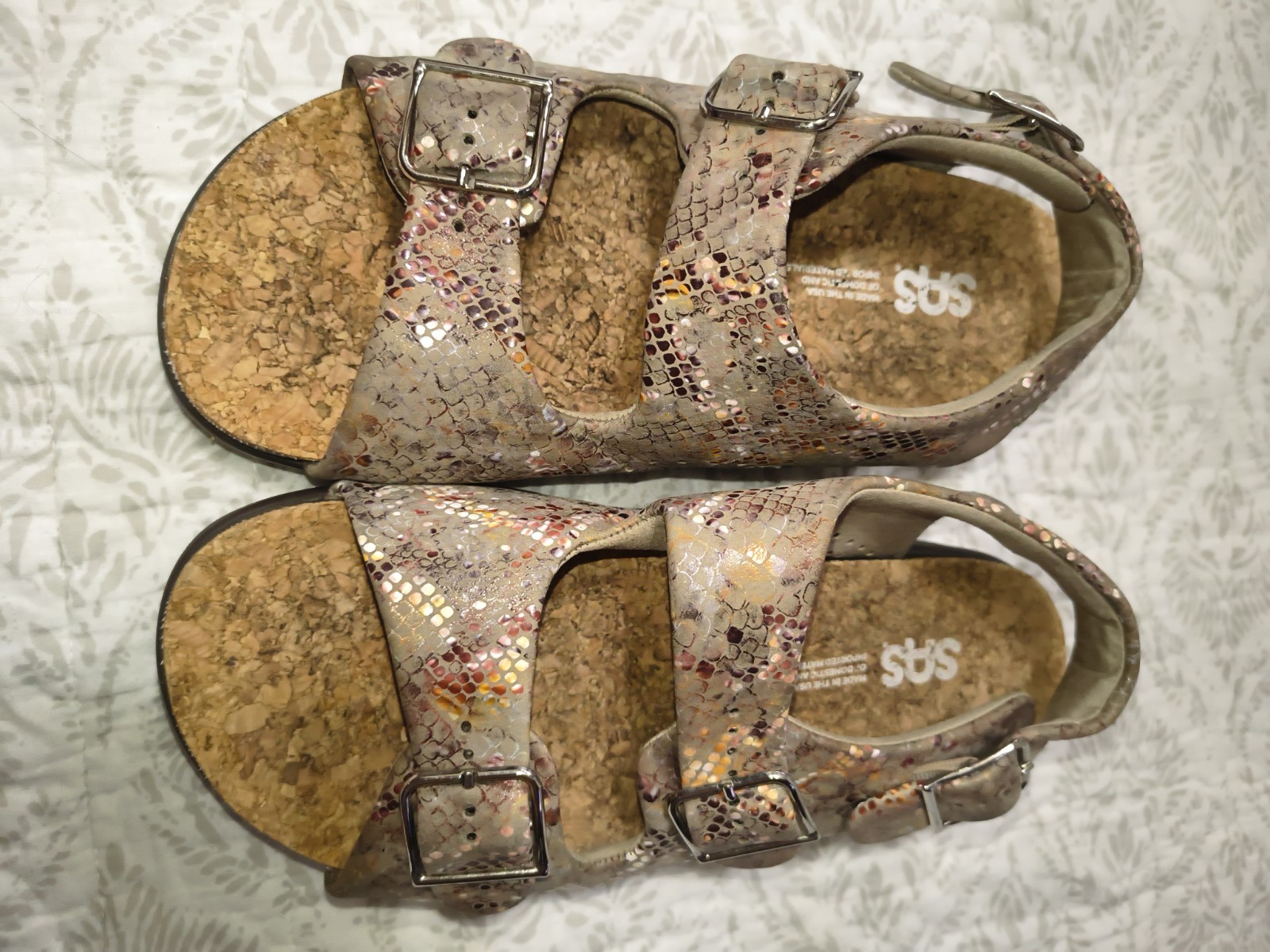 SAS Women’s Beige/Multicolor Snakeskin Leather Strappy Wedge Sandals Cork 7 M