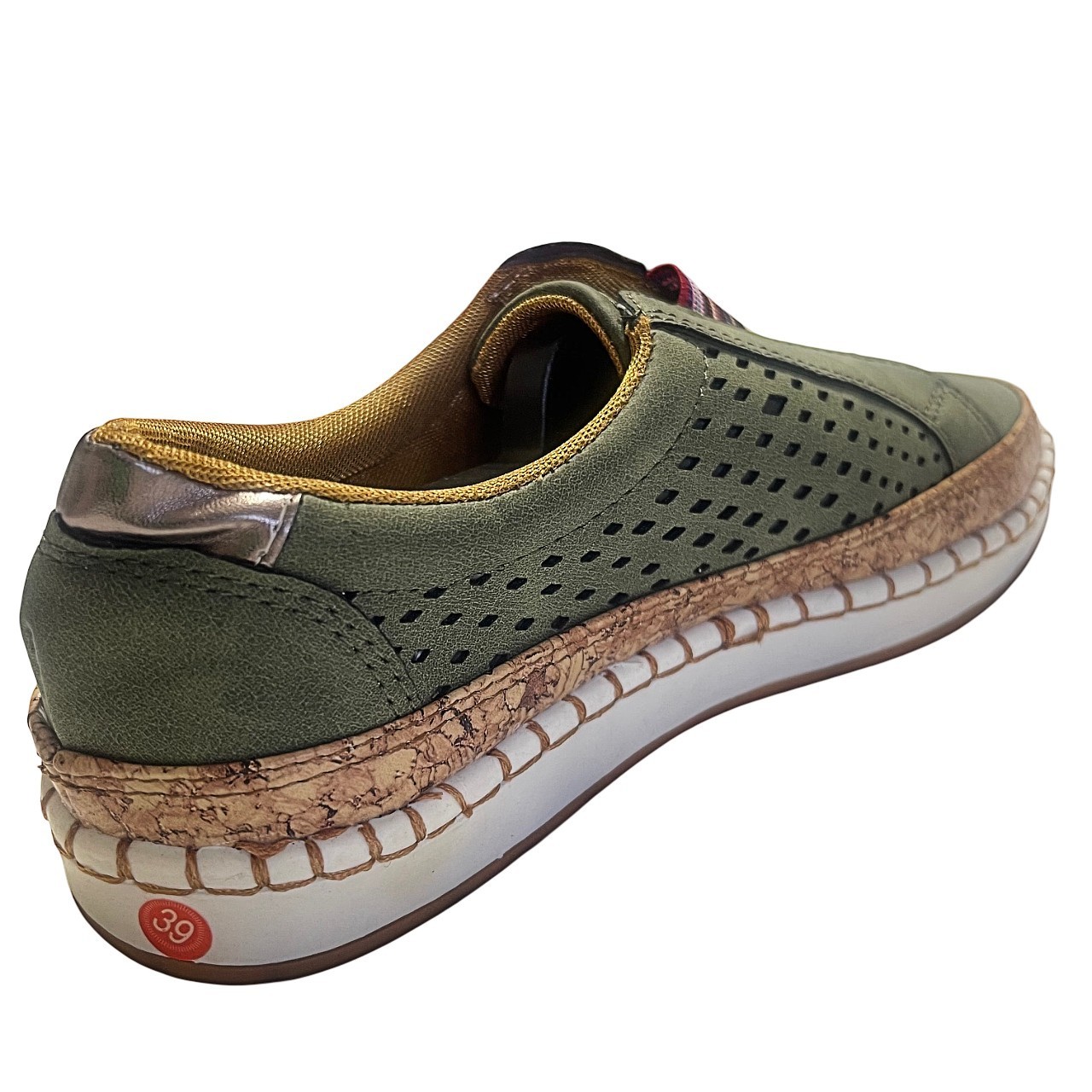 Muted Olive Green Textured Perforated Decorative Colorful Striped Band Sneakers