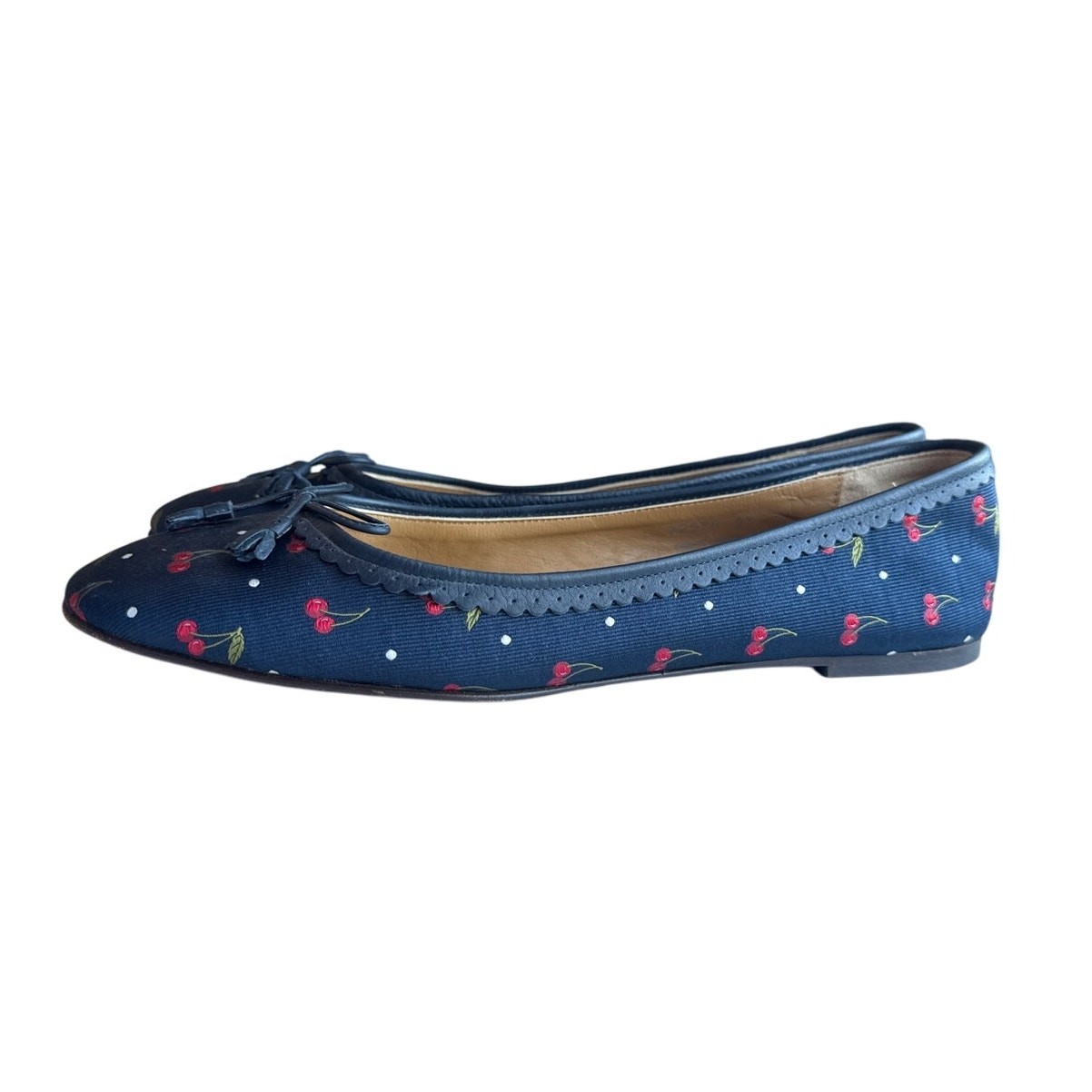 J.Crew Cherry Print Grosgrain Navy Ballet Flats Size 9.5