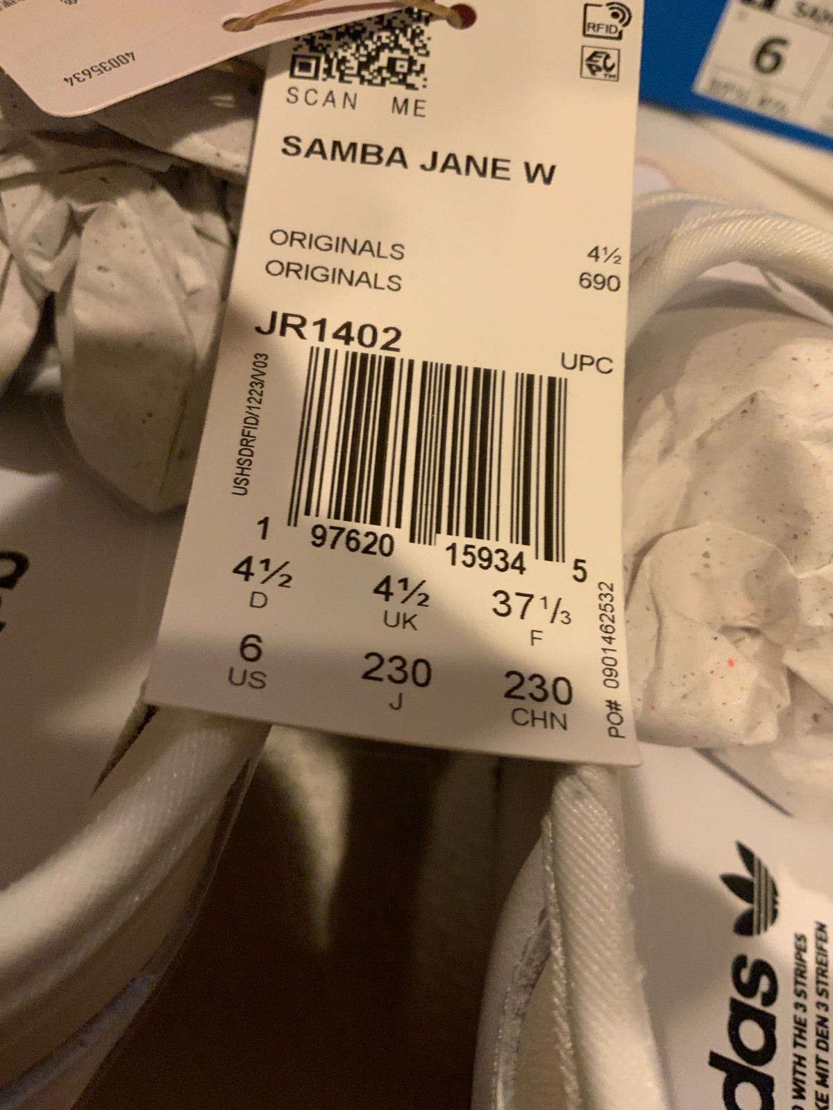 Adidas Women’s Samba Jane W, Style# JR1402, Size 6, Color White/Alumina/Black