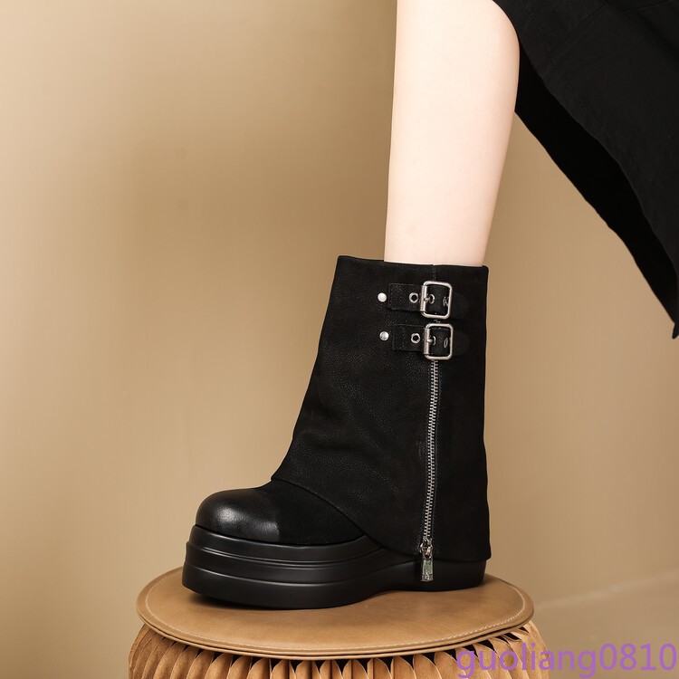 Women’s Leather Ankle Boots Round Toe Shoes Side Zip Wedge Heel Platform Fashion