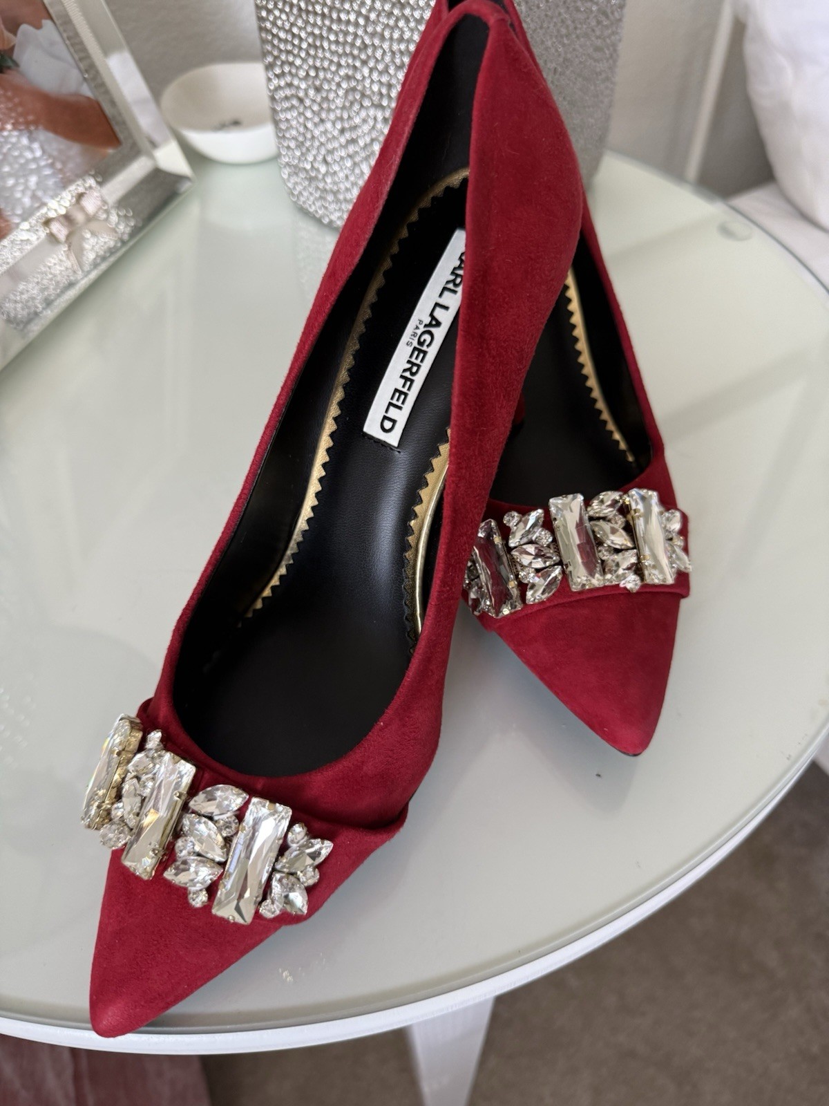 Karl Lagerfeld Paris Red Pointed Toe Embellished Pump Heels Slip On 9 M