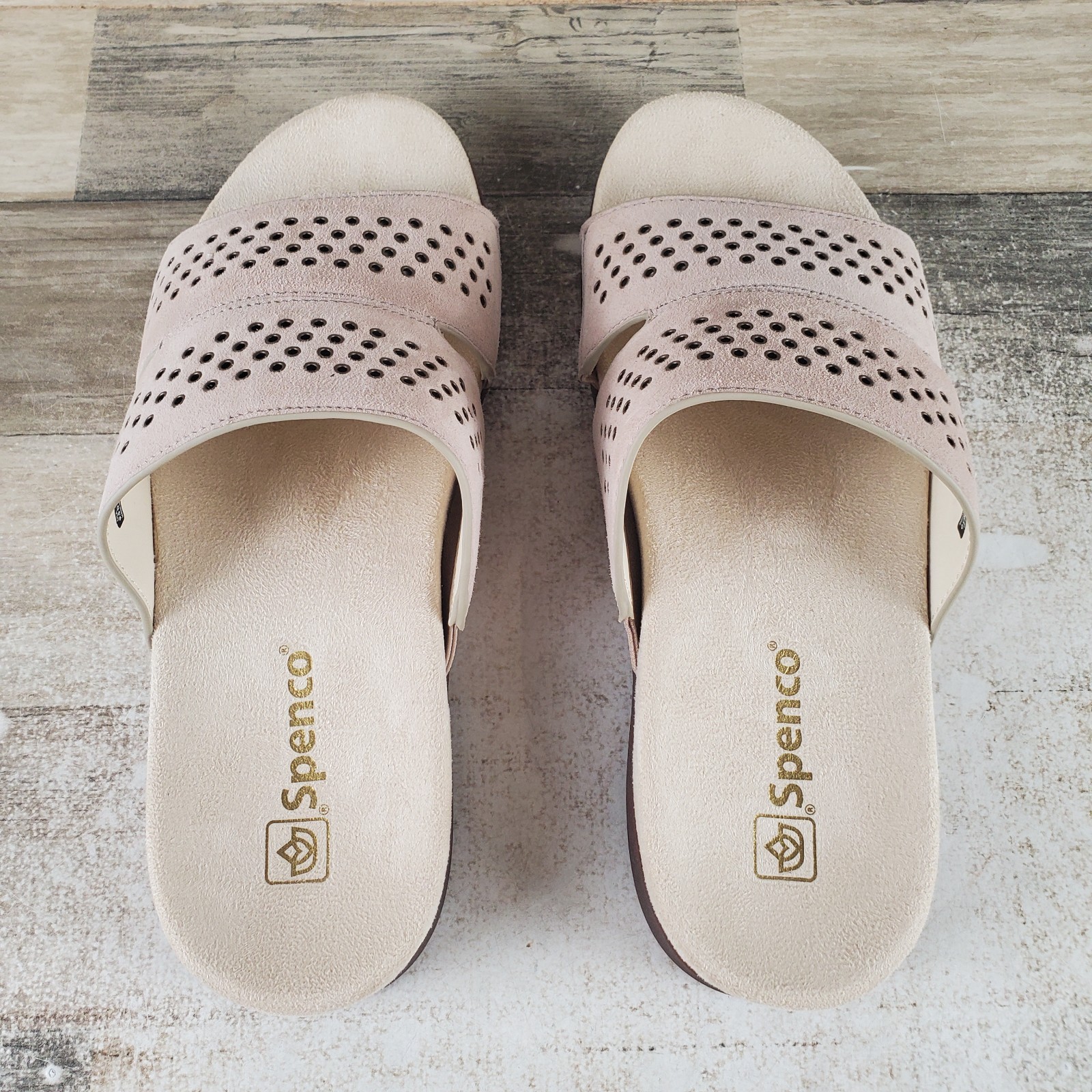 Spenco Twilight Ellie Womens Slide Sandal Sz 9.5 Taupe Leather Slip On Studded
