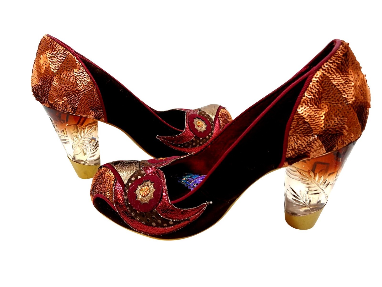 Irregular Choice Burgundy Gold Sequin Velvet Heels Acrylic Clear Heel Size 39 EU