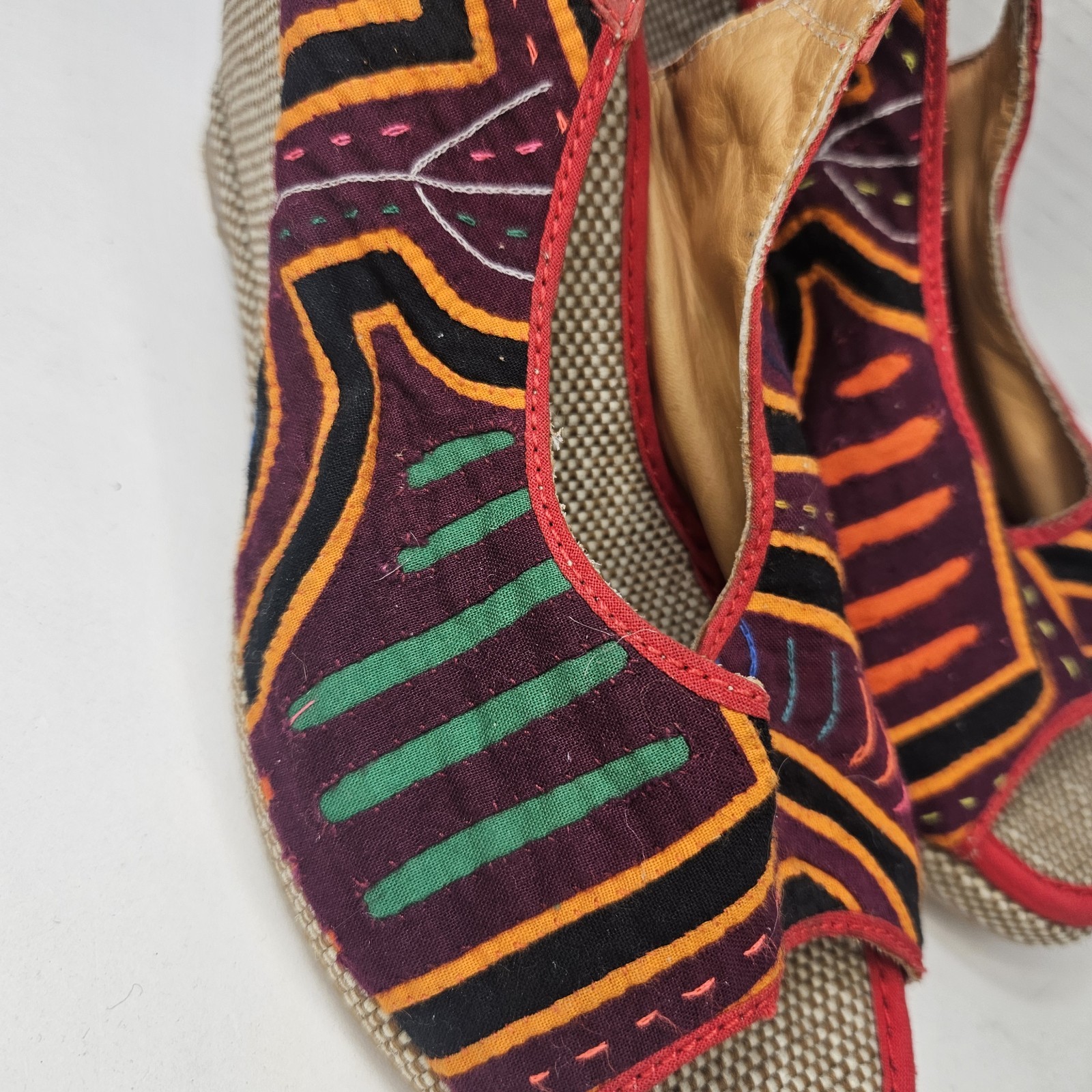 Motalas Handmade Wedge Sandals Size 38 Colombia Tribal Textile Leather Boho 7.5