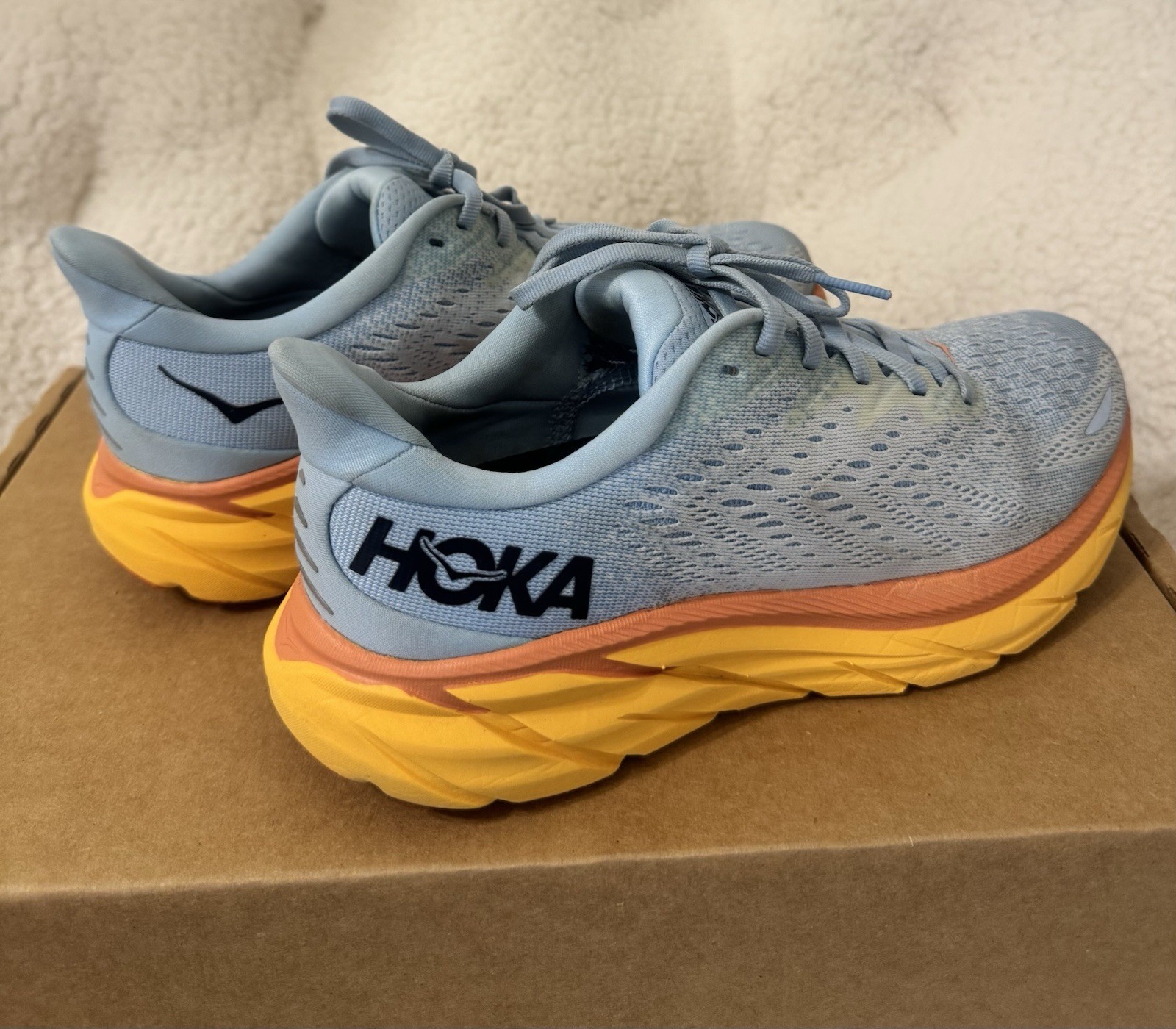 HOKA Clifton 8 Women’s Running Shoes L. Blue Orange Yellow Sneakers Size 7B US