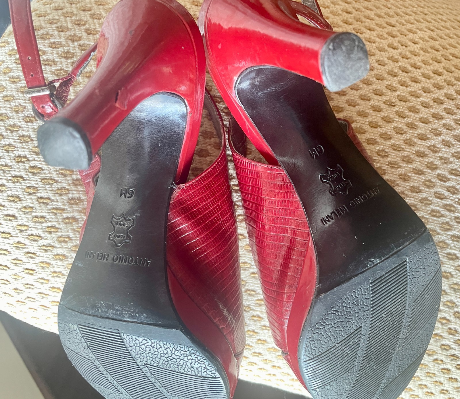 Antonio Melani Burgundy Red Leather Snakeskin Textured Peep-Toe Slingback 6