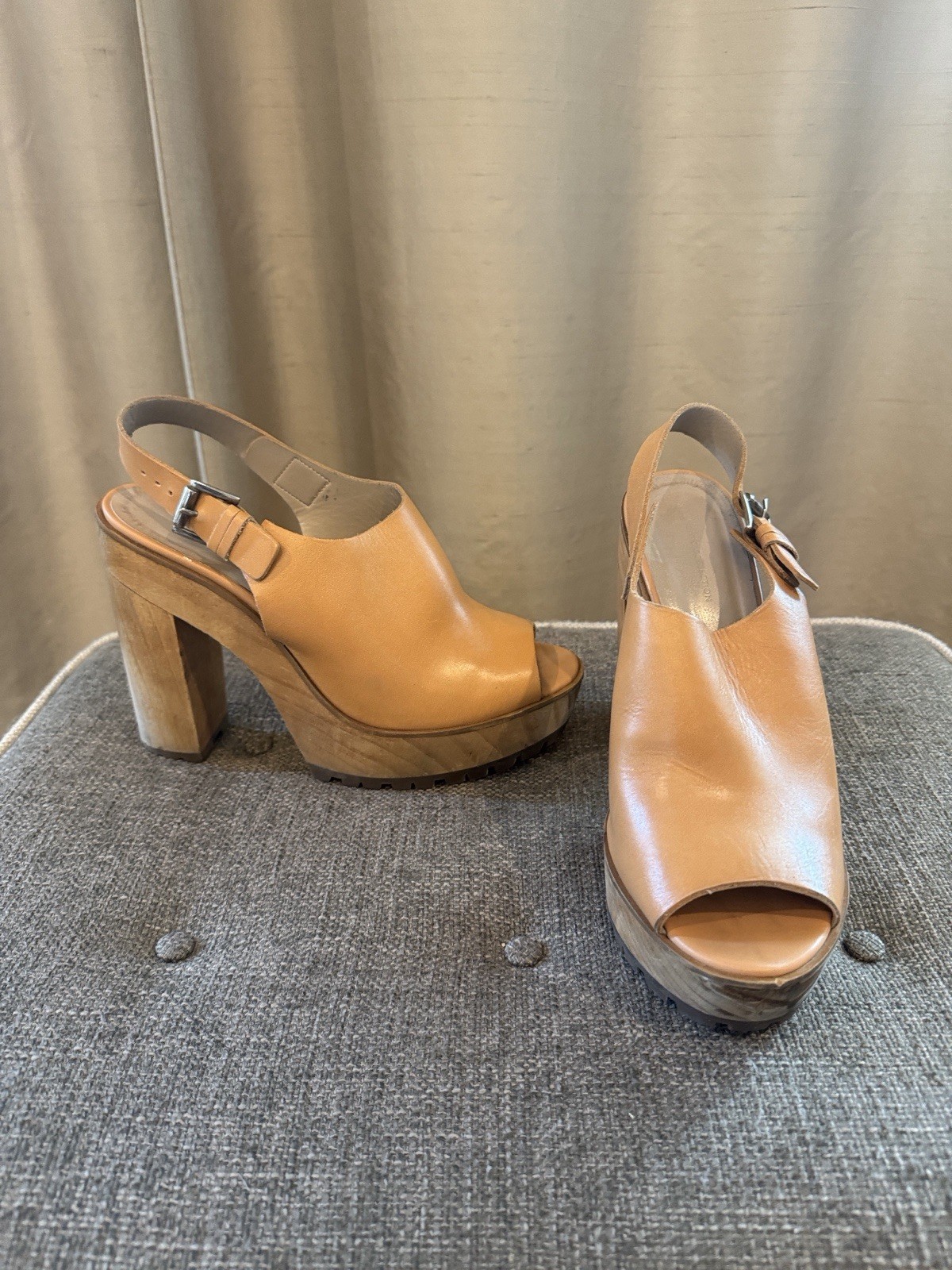 Zara Womens Tan Leather Platform Open Toe Ankle Strap Buckle Sandals 10.5