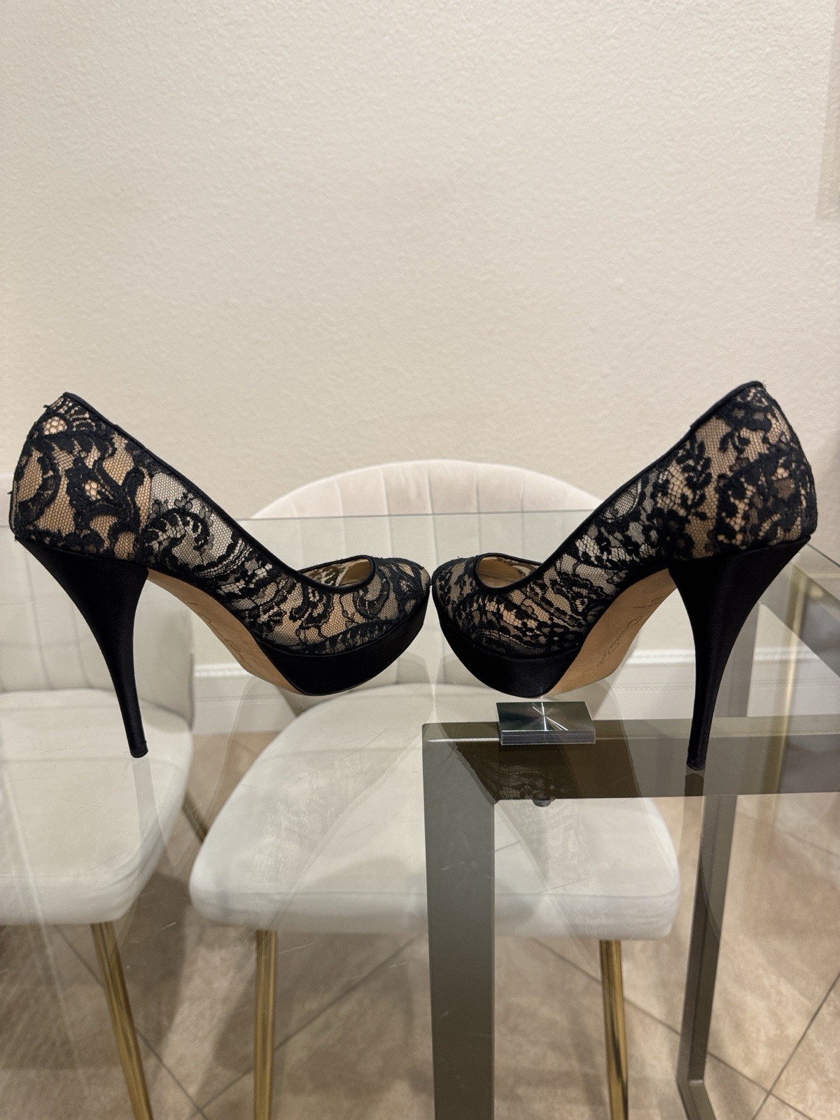 Oscar de La Renta Black Lace Pumps Platform With Sheer Overlay
