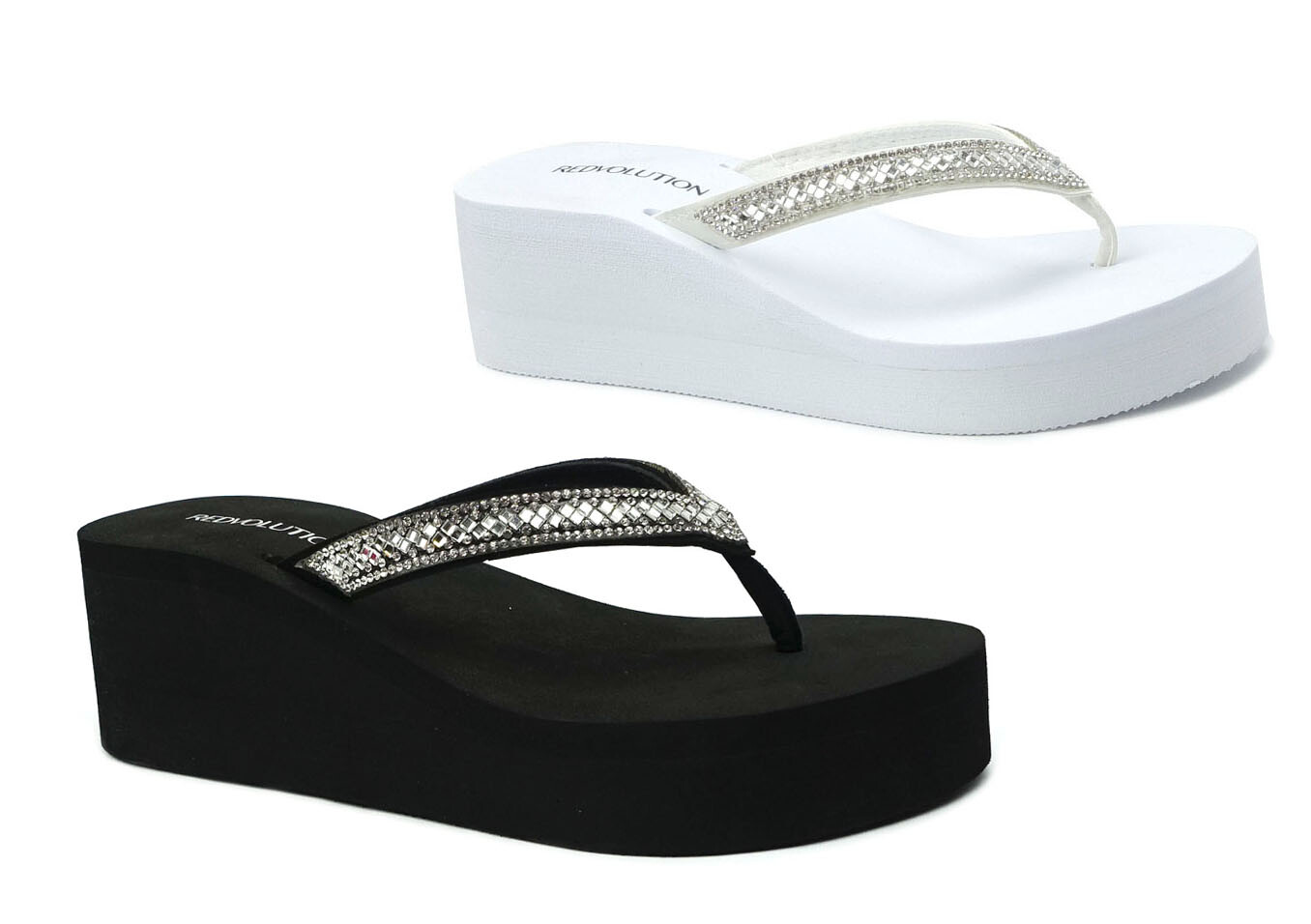 NEW Women’s Platform Sandals T-Strap Beaded Rhinestone Wedge Flip Flops ||
