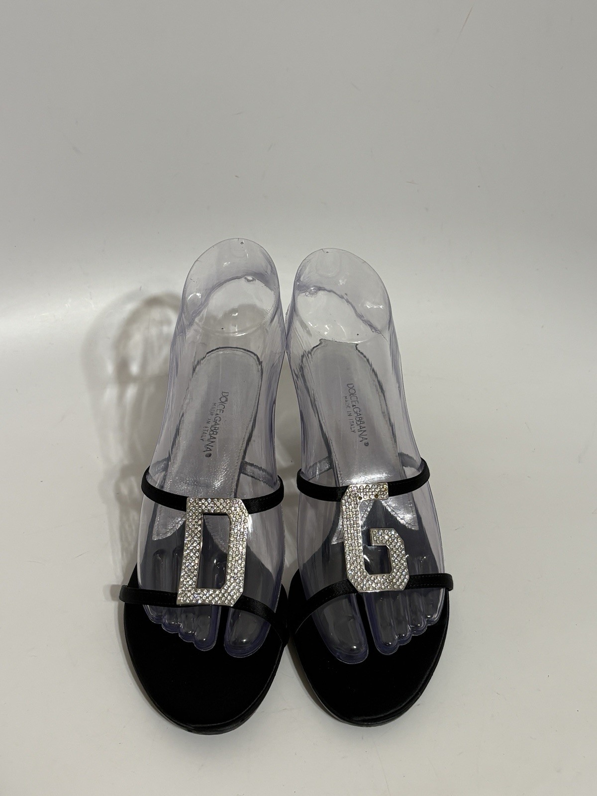 Vtg Dolce & Gabbana Black Satin Crystal Logo Sandal Heels 36