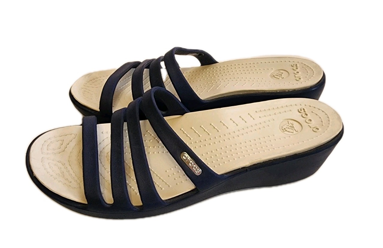Crocs Strappy Sandals Women’s Size 10 Rhonda 2″ Wedge Navy Blue and Beige