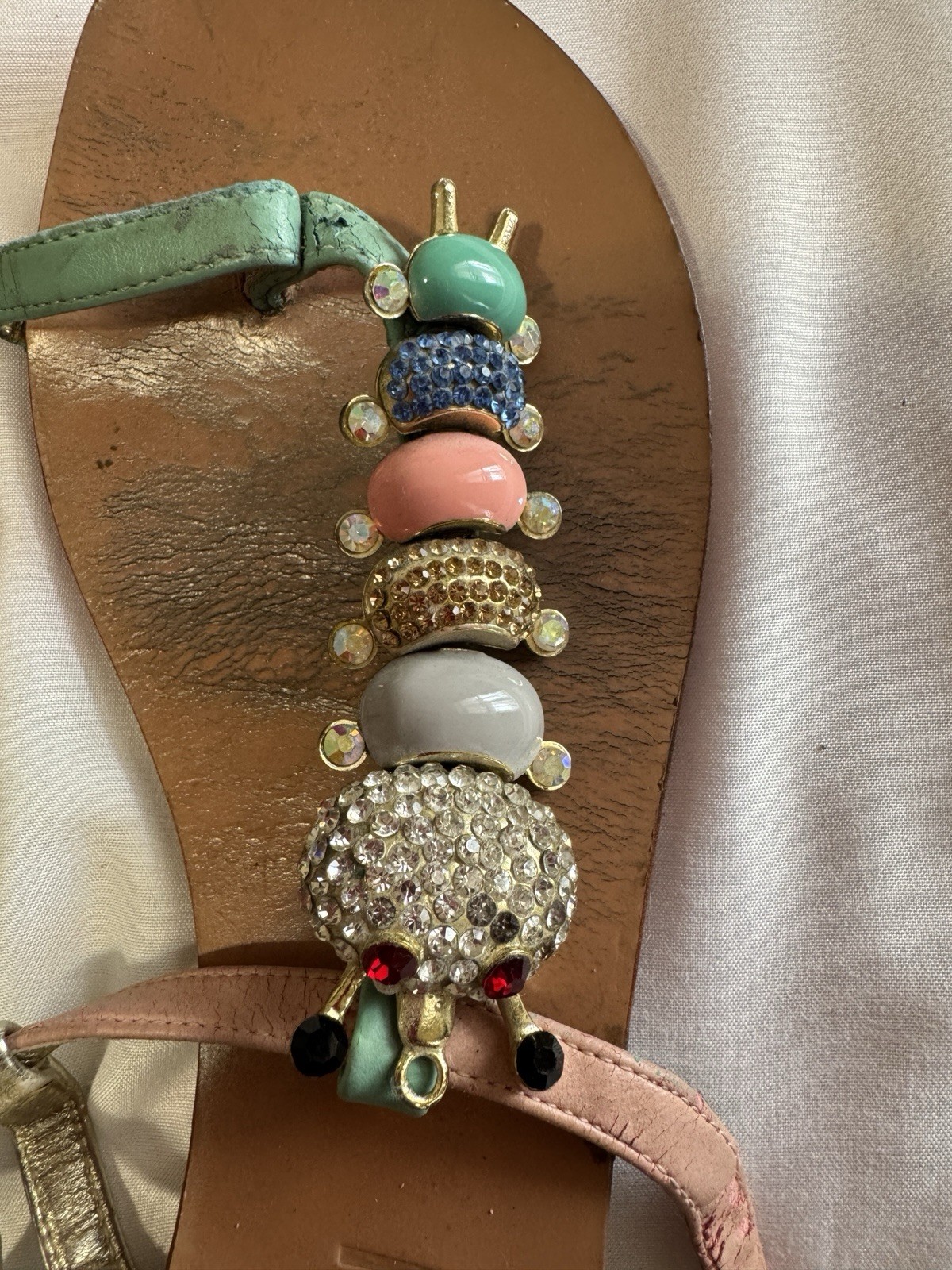BibiLou Beaded Rhinestone Thong Sandals Gold Pink Green Multicolor