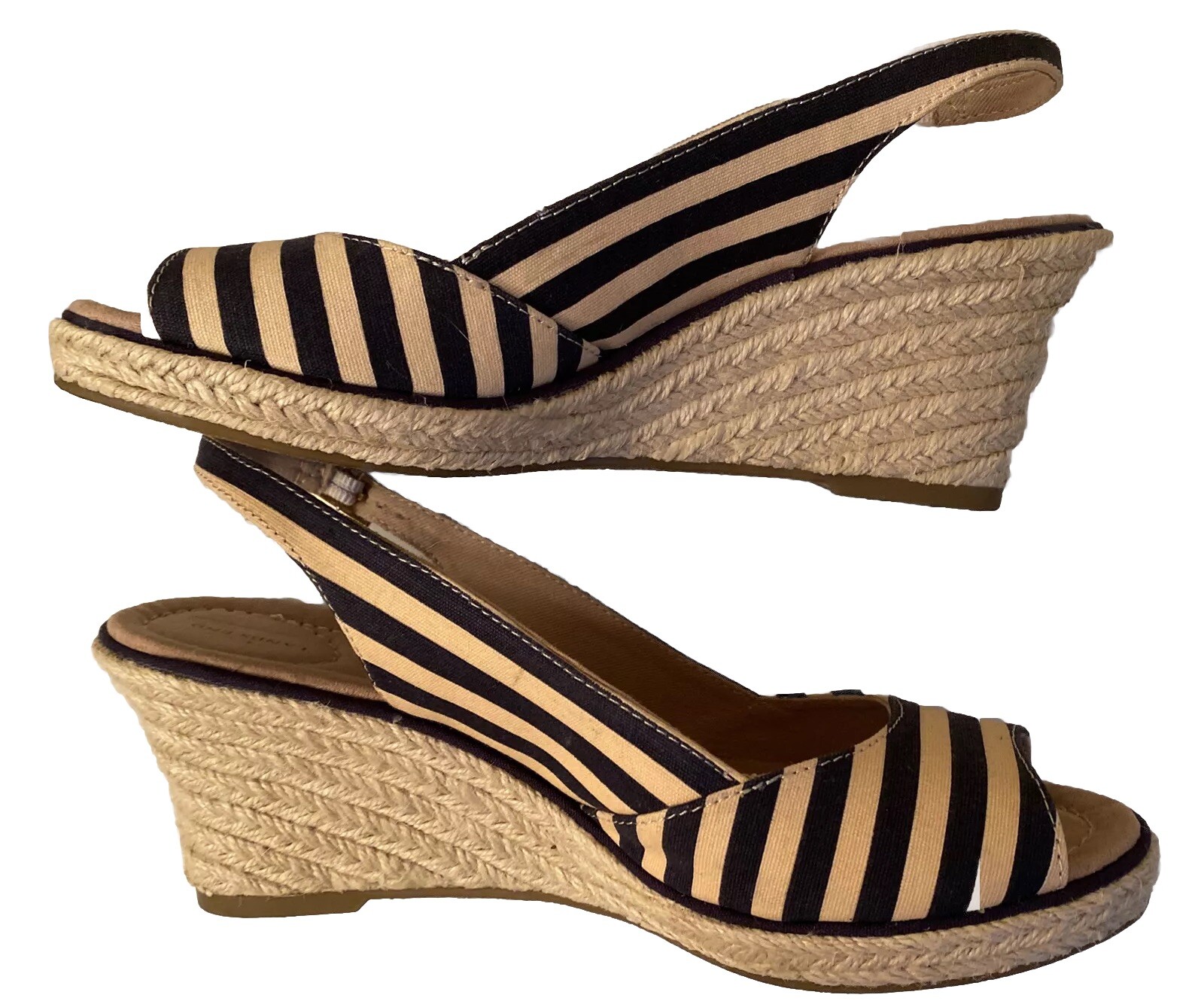Lands End Mid Wedge Sandal Deep Sea Navy Beige Stripe Womens 8M Presley