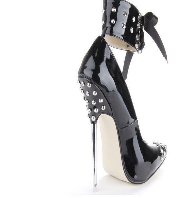 Womens Pointed Toe Ankle Strap Rivet 16cm High Heel Lace Up Stilettos Clubwear