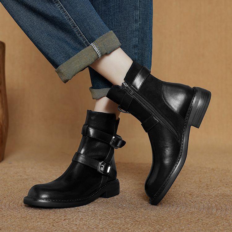 Women Buckle Round Toe Leather Ankle Boot High Top Loafer Flat Knight Boot Brown