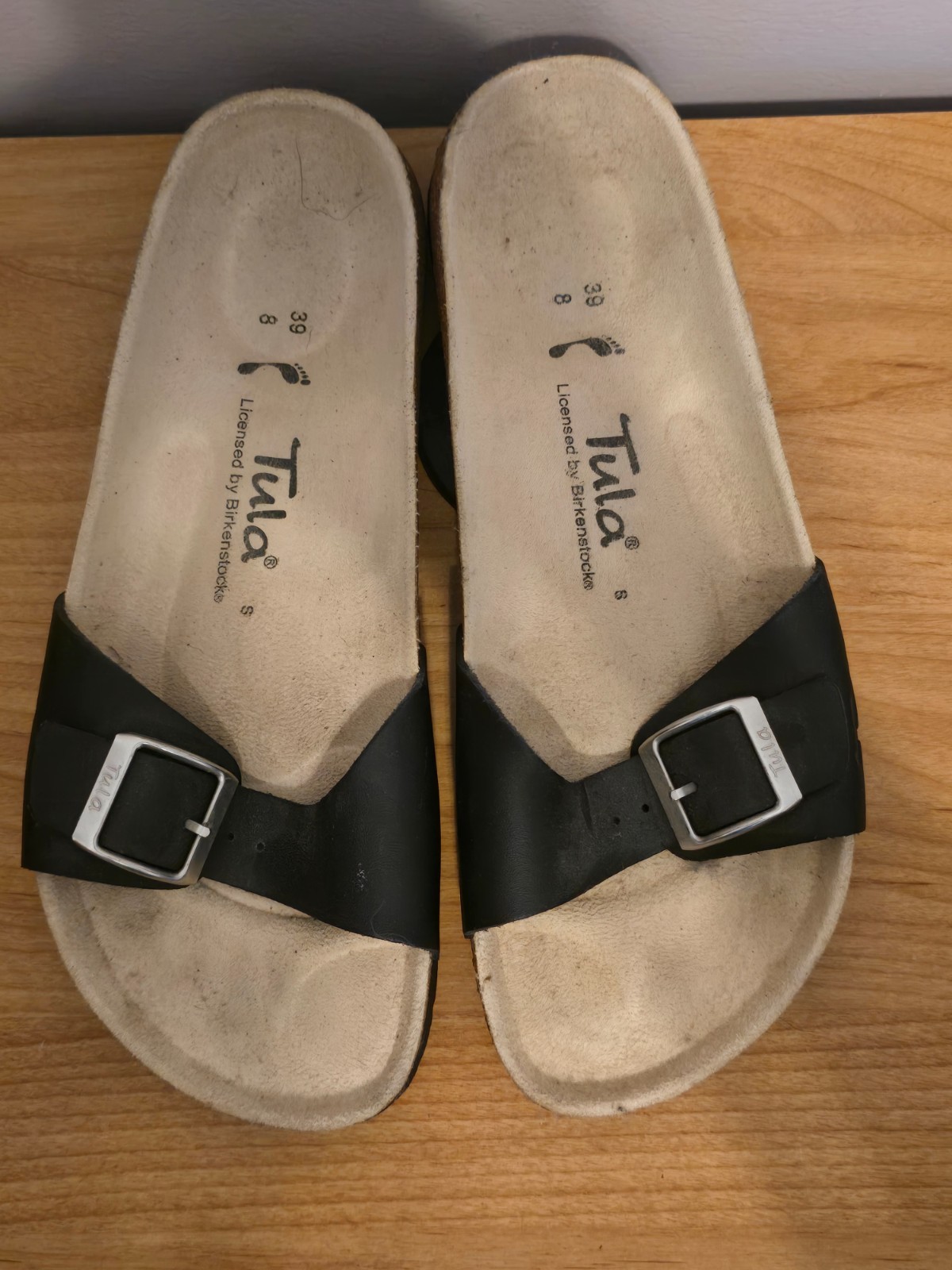TULA by BIRKENSTOCK Leather Madrid Black Slides Sandals Shoes Size 39 US 8 N.