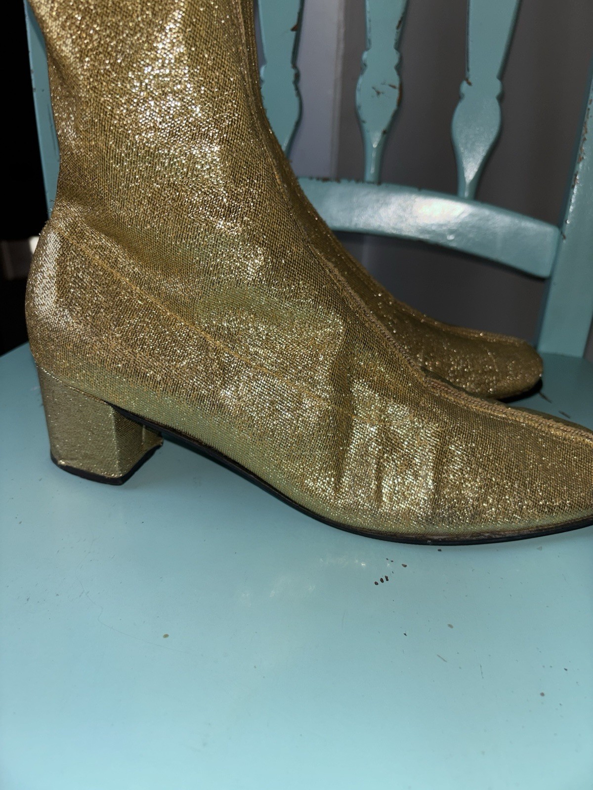 Rare Vintage Women Gold Metallic Lame Knee-High Go Go Boots