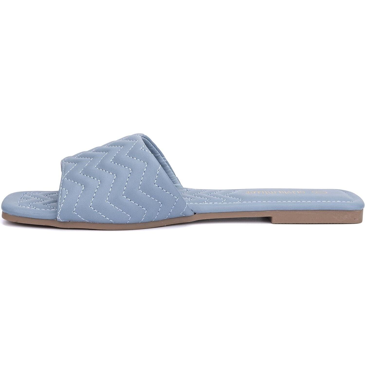 Olivia Miller Women Sundae Flat Slide Sandals Size US 8 Blue Chevron Quilted