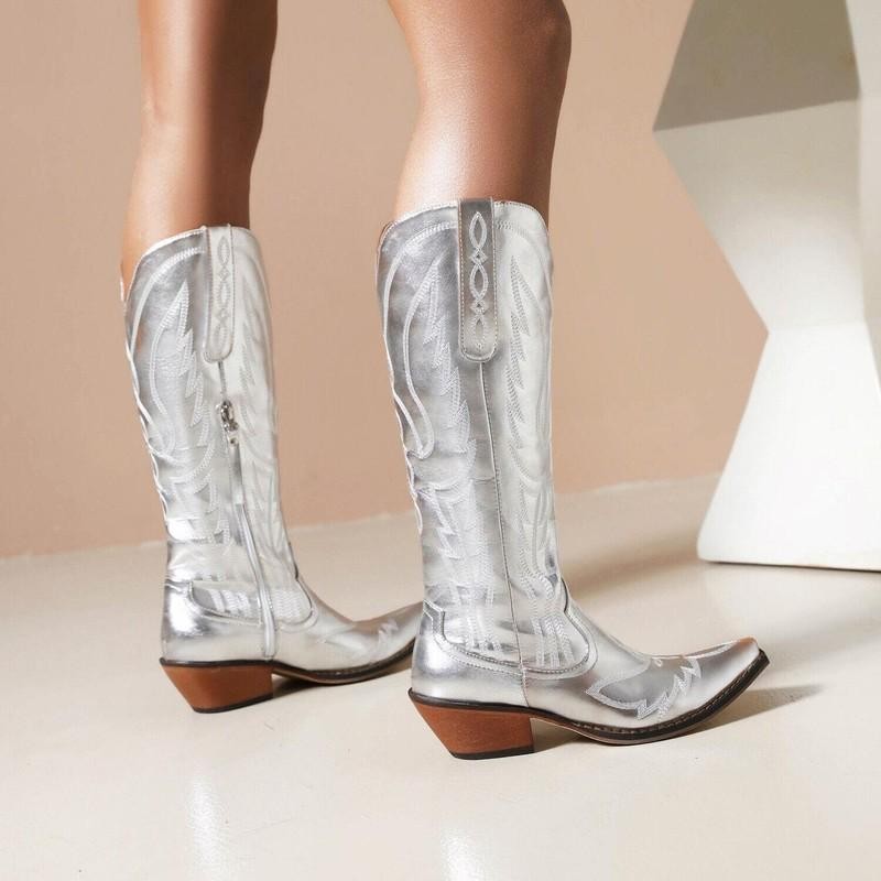 Occident Women’s Pointed Mid Calf Boots Cowboy Western Formal Casual Party Shoes