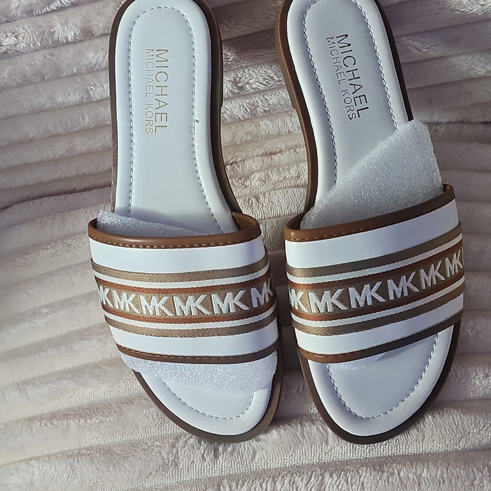 Michael Kors Women’s Slide Sandals Leather Slip-On Logo White/Brown Size 7