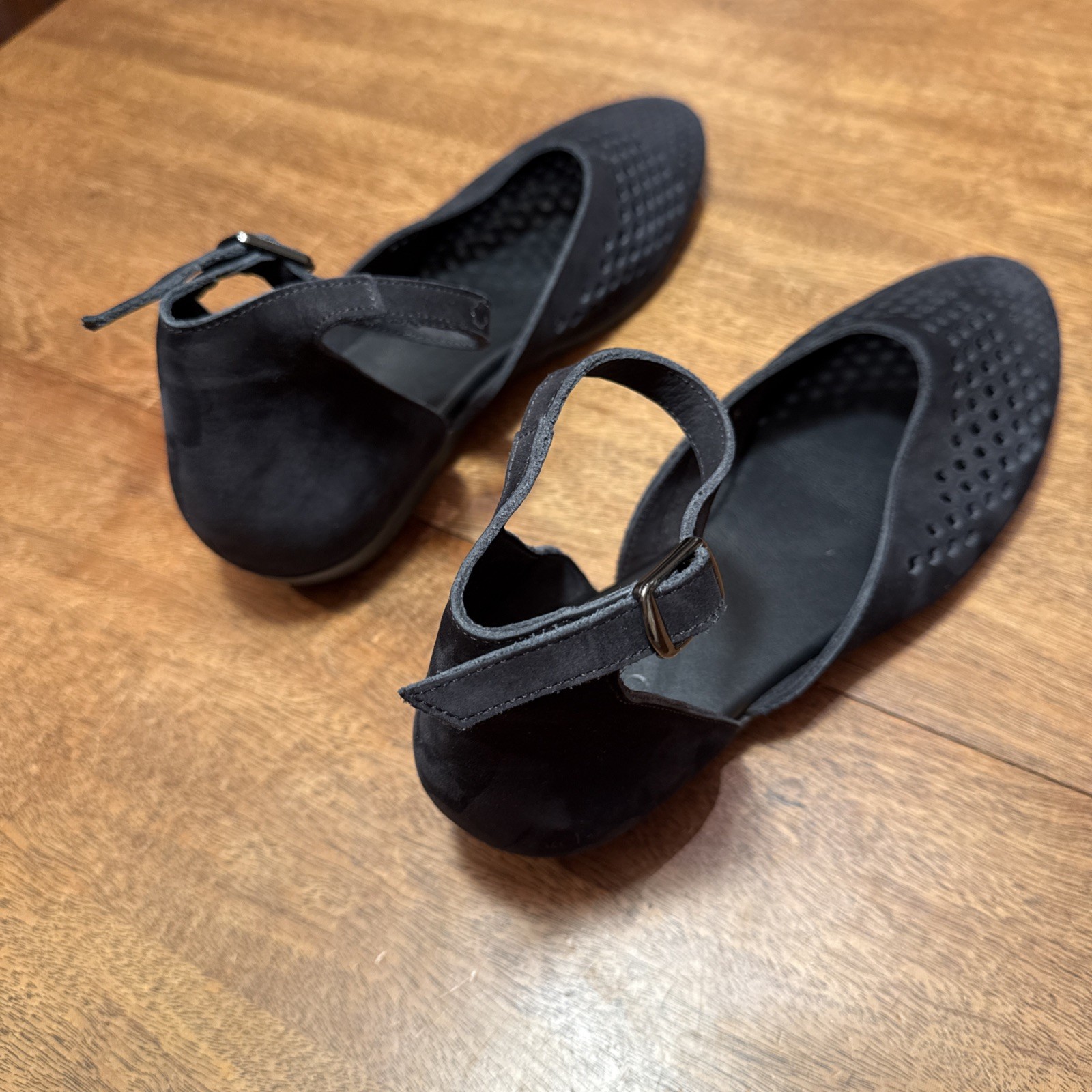ARCHE Black Cut Out Leather Micro Suede Flats Ankle Strap France EU 42 US 10