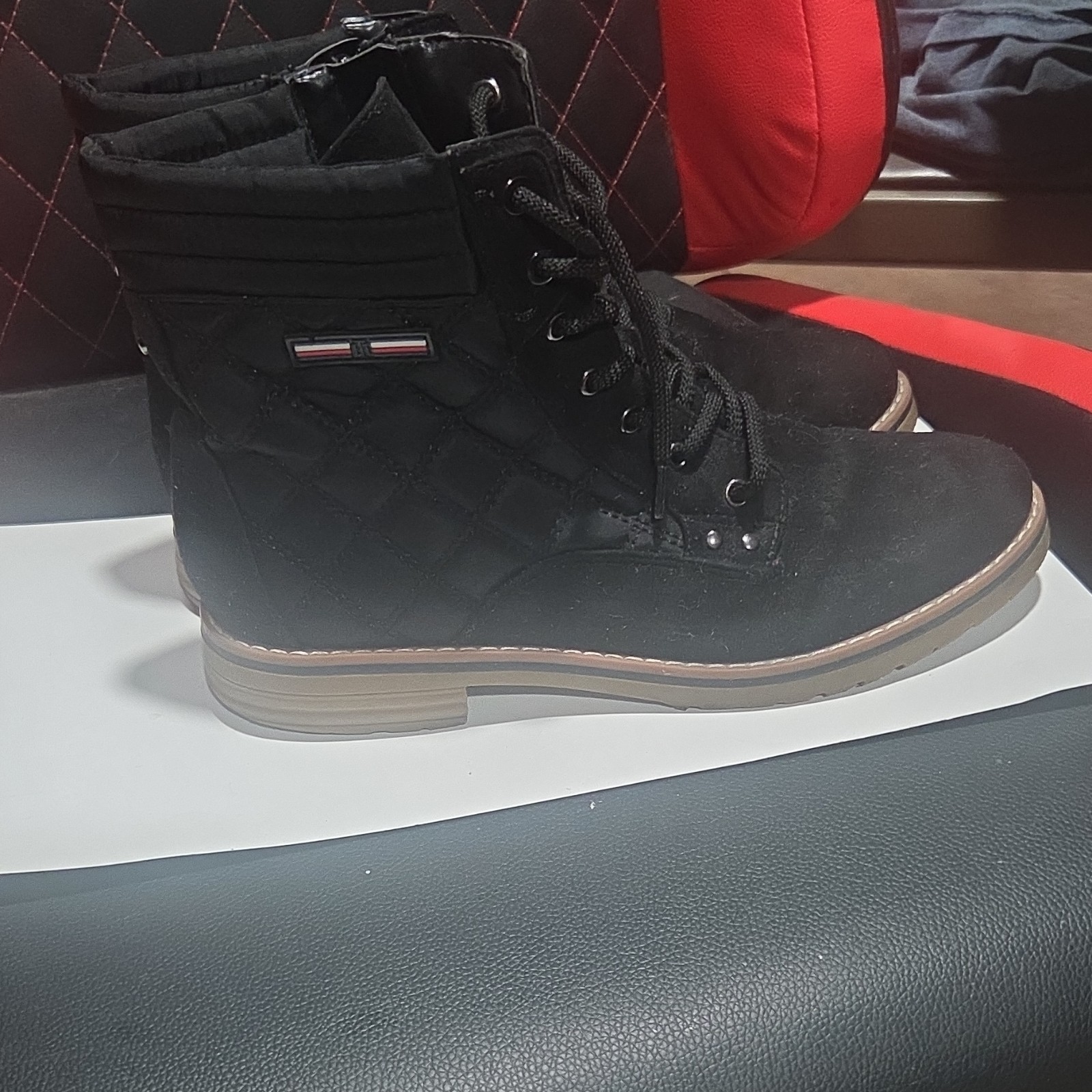 Tommy Hilfiger TWONELLA Black Quilted Lace-Up Ankle Combat Boots Textile Upper