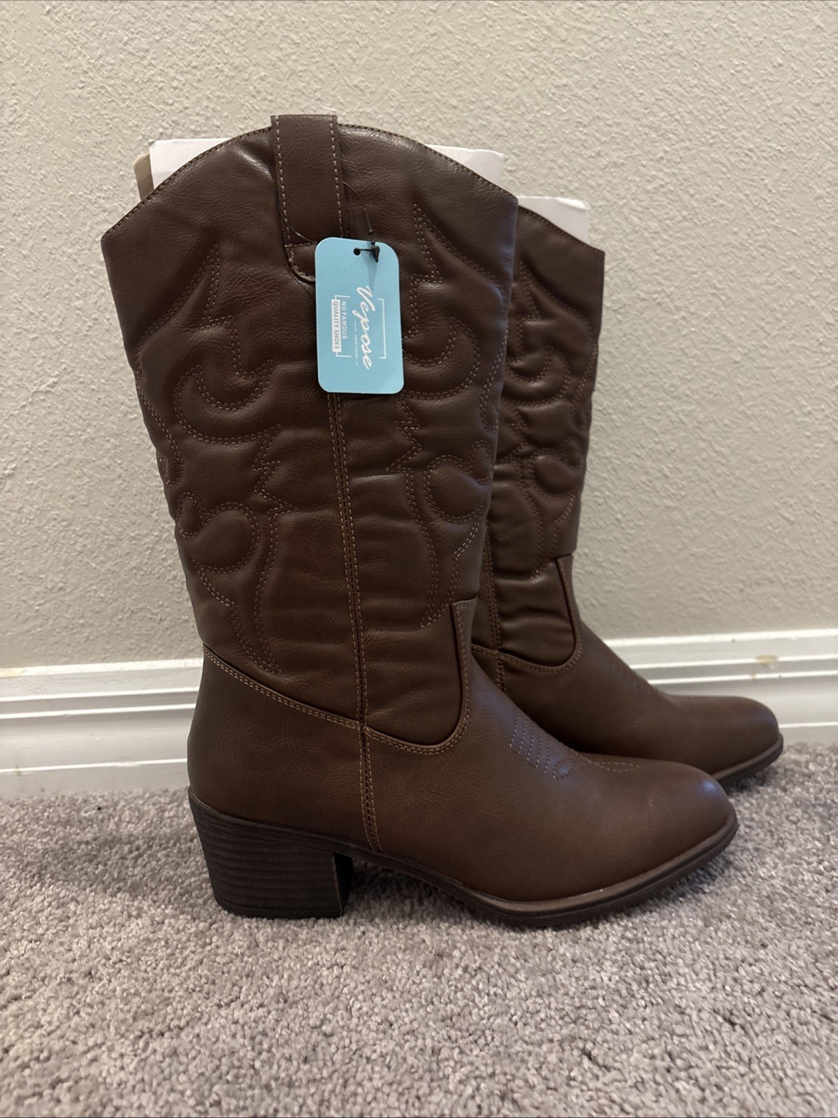Vepose Women’s Western Cowgirl Boots Size 7.5 Round Toe Mid Calf Boots for Women