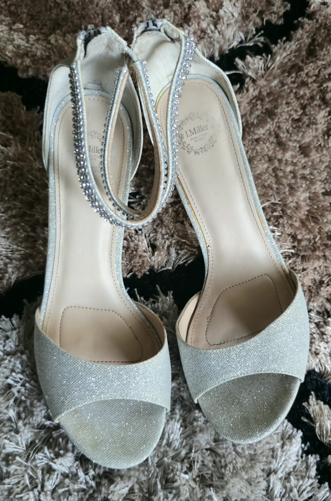 J.Miller Women’s Silver Glitter Rhinestone Ankle Strap Zip Open Toe Heels 10