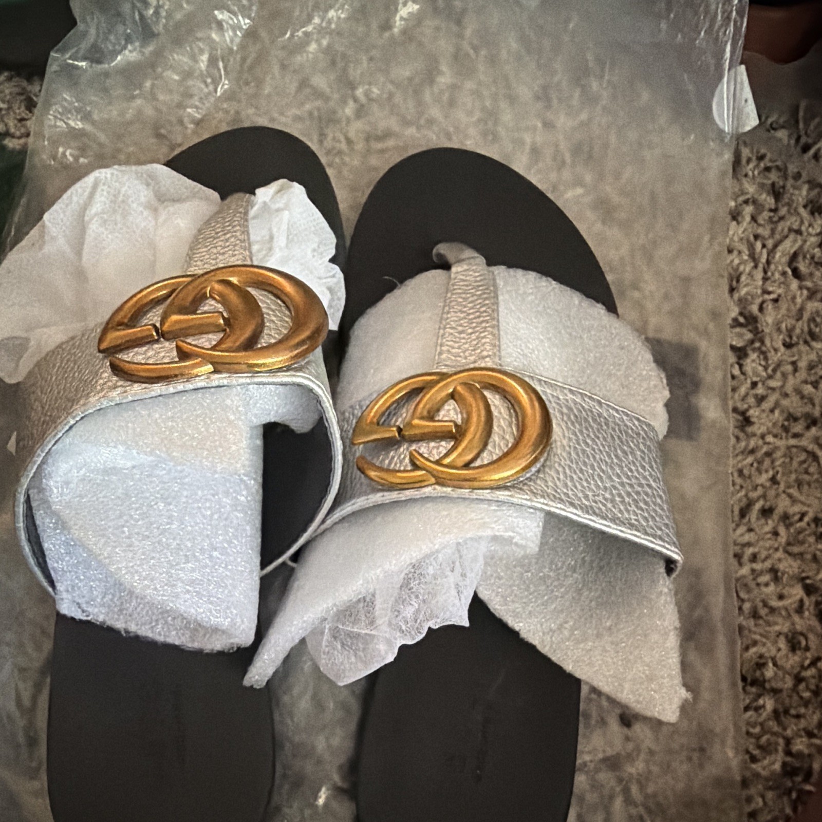 Women’s Silver Slide Sandals Slip-On Flat with Gold Logo Double Ring Buckle