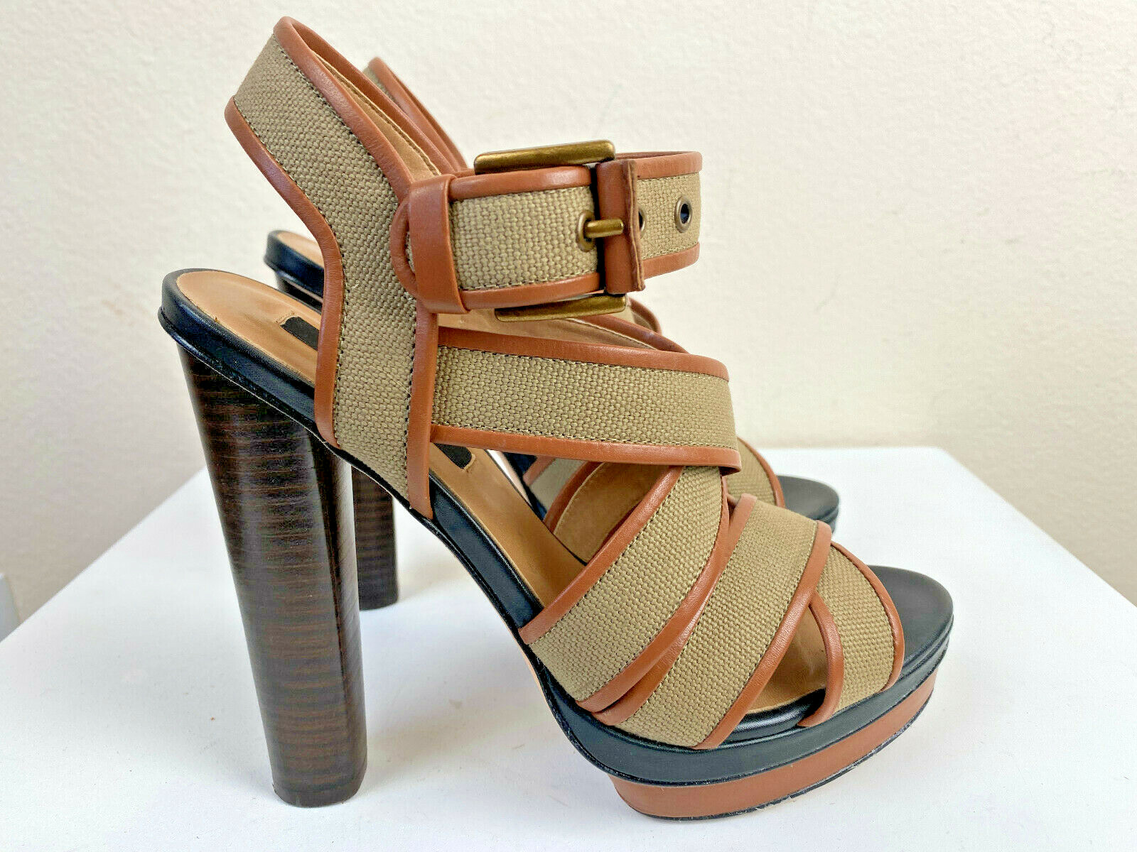 Ann Taylor Strappy Platform High Heel Sandals 7M Tan Safari Canvas Cone 5″ Heel