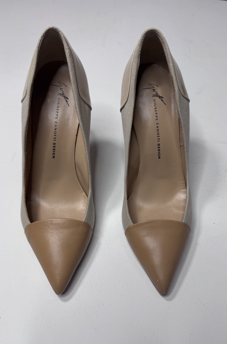 Giuseppe Zanotti Design Italy Canvas Leather Cap Toe Heels Pumps EU 37 Nude