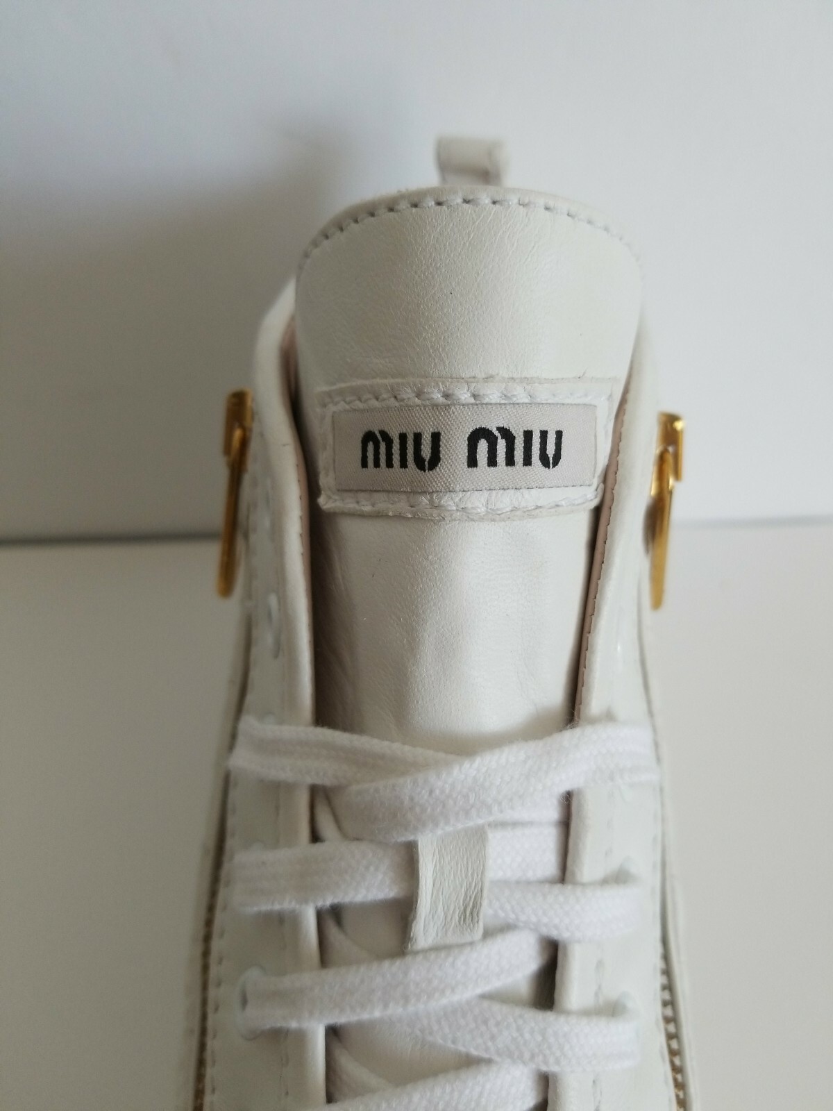 MIU MIU HIGH TOP WHITE QUILTED GOLD LOGO ZIPPER SNEAKERS 38.5 39 I LOVE SHOES