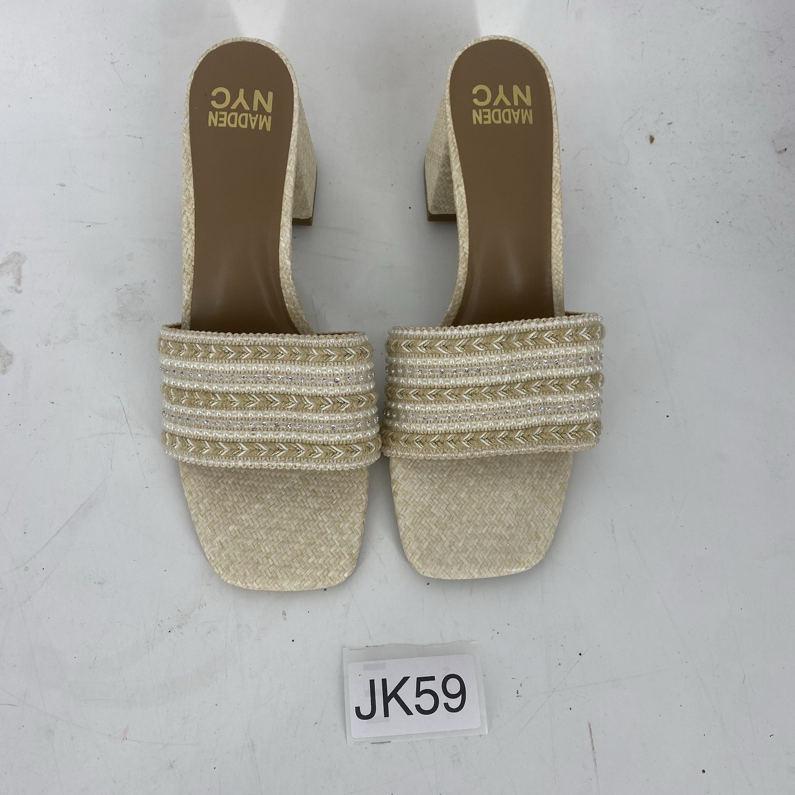 Madden NYC Tan Beaded Woven Block Heel Slides Size 11 NWOB Women’s Shoes