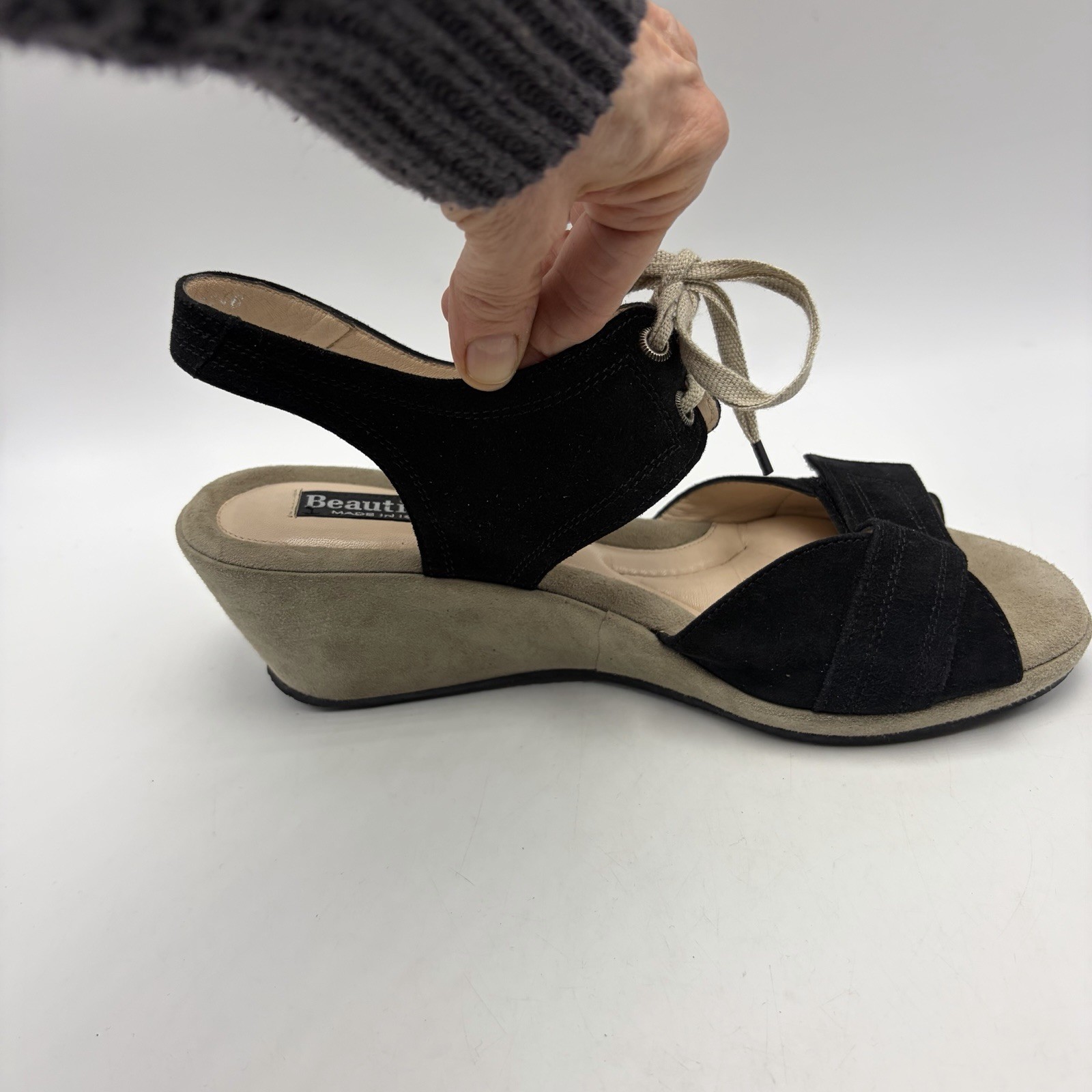 Beautifeel Wedge Sandals Womens 9 Black Suede Leather Tie EU 40 Israel Read