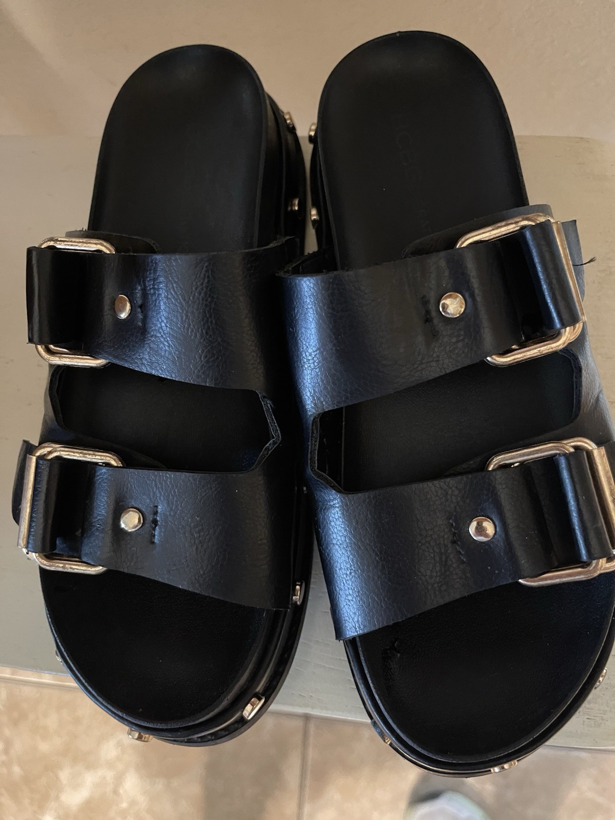 Women’s Black Double Buckle Studded Slide Sandals Adjustable Straps