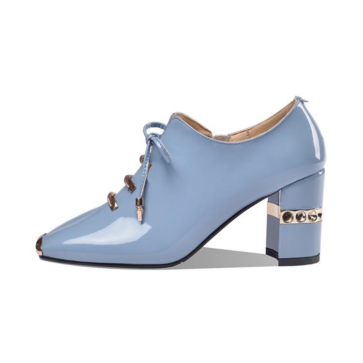 Women’s Fashion Formal Business Pump Blue Elegant Lace Up Chunky Heel Shoes Work