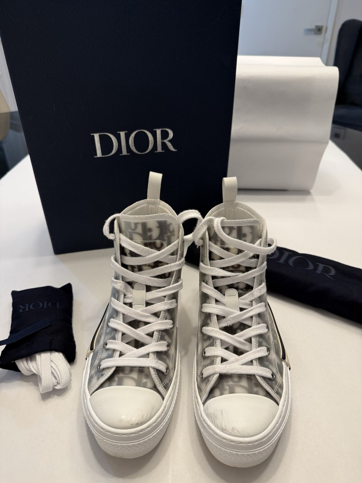 Christian Dior High Top Oblique Sneakers Women’s Size 38 White Transparent