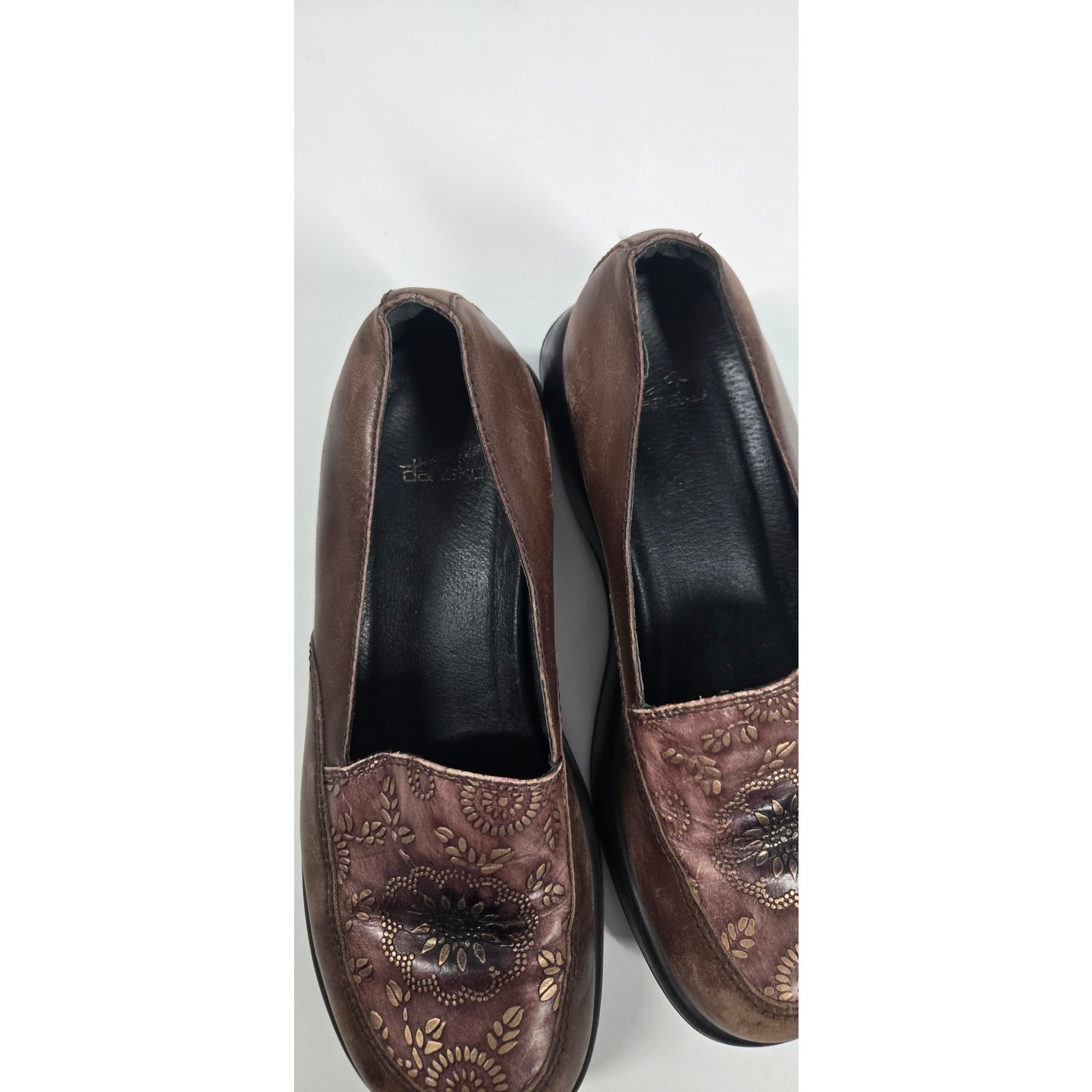 Dansko Brown Leather Floral Gold Embossed Slip On Clogs Comfort Casual Workwear