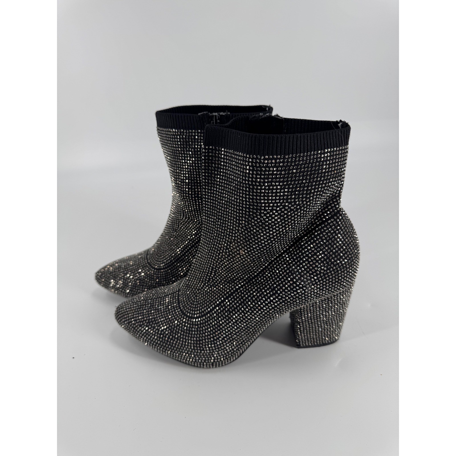 Sparkle Rhinestone Sock Booties Block Heel Pointed Toe Women Size 8.5 WW